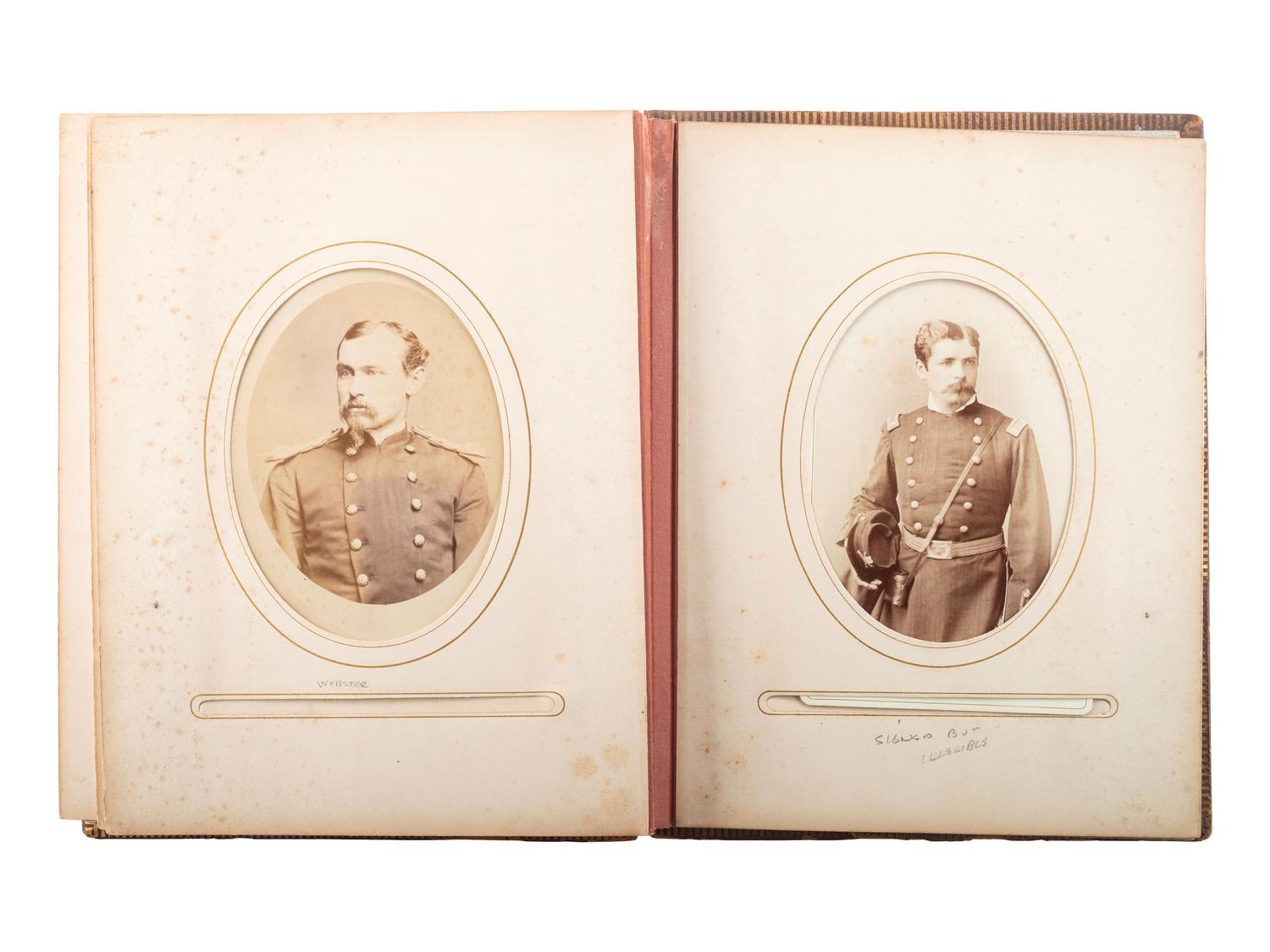 [LATE INDIAN WARS]. Photo album identified to Oskaloosa M. Smith, 22nd US Infantry, containing CDVs and cabinet cards of civilians and officers, some identified, incl. images by S.J. Morrow.