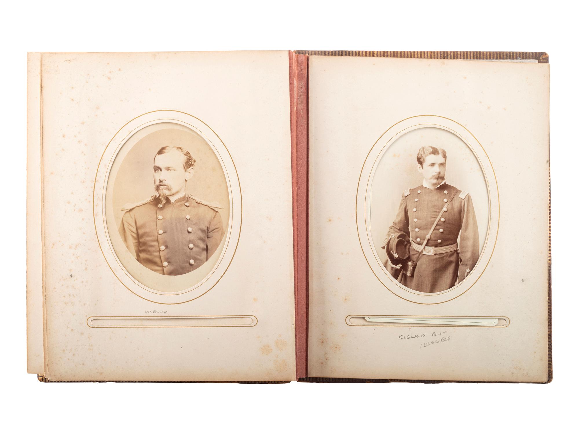 [LATE INDIAN WARS]. Photo album identified to Oskaloosa M. Smith, 22nd US Infantry, containing CDVs and cabinet cards of civilians and officers, some identified, incl. images by S.J. Morrow.
