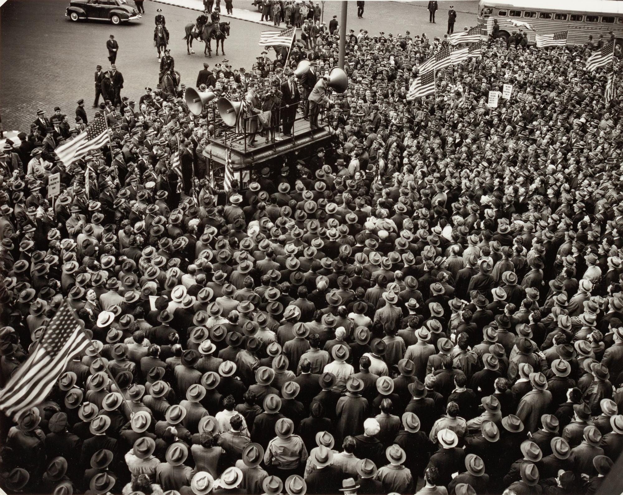 A group of four photographs ( Untitled (sleeping child) , 1950; TWU Rally Downtown , 1947; Three Forks, West Virginia, Mine School (with flag) , 1948; Mine Town School, Three Forks West Virginia (boy walking through gate) , 1948)