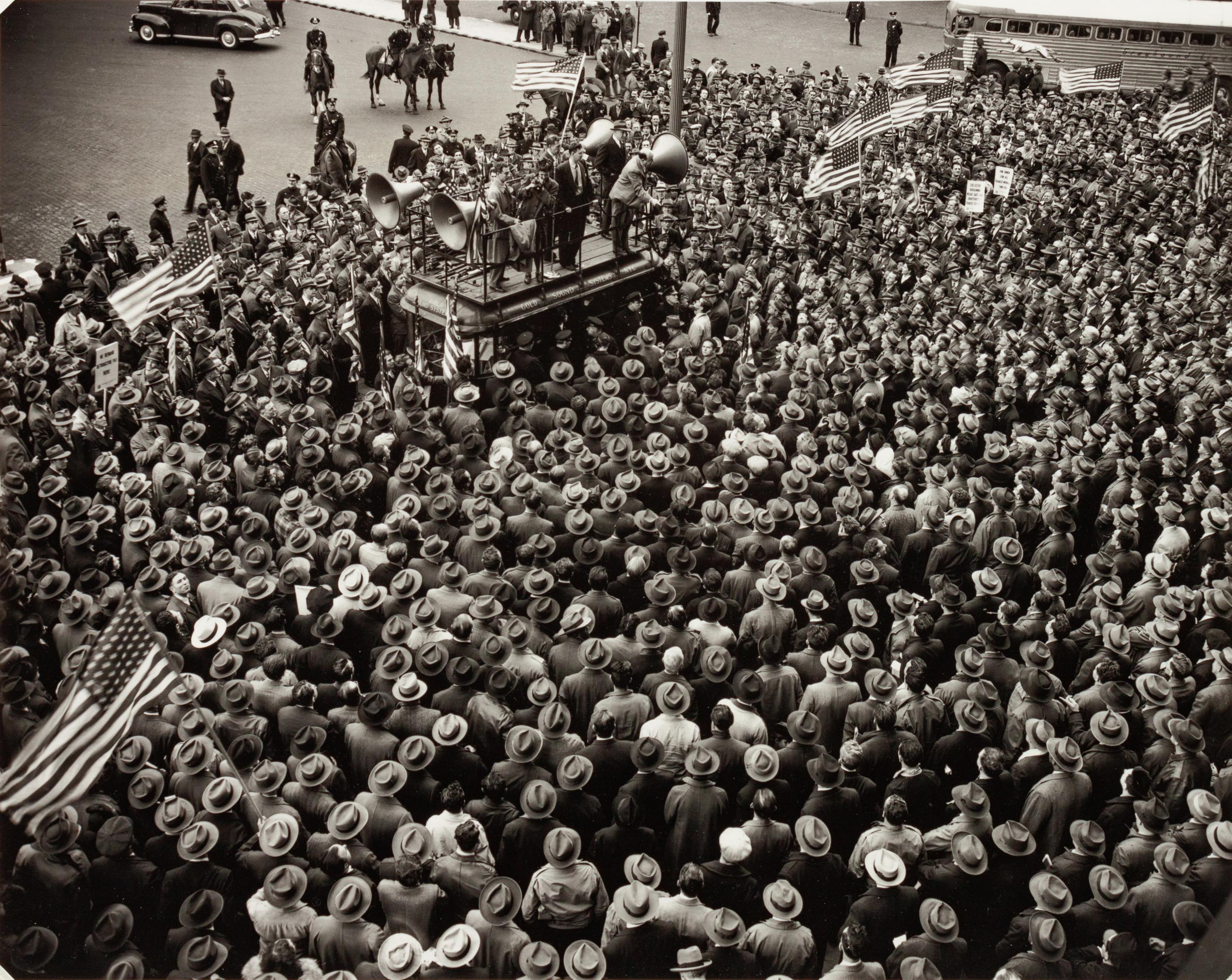 A group of four photographs ( Untitled (sleeping child) , 1950; TWU Rally Downtown , 1947; Three Forks, West Virginia, Mine School (with flag) , 1948; Mine Town School, Three Forks West Virginia (boy walking through gate) , 1948)