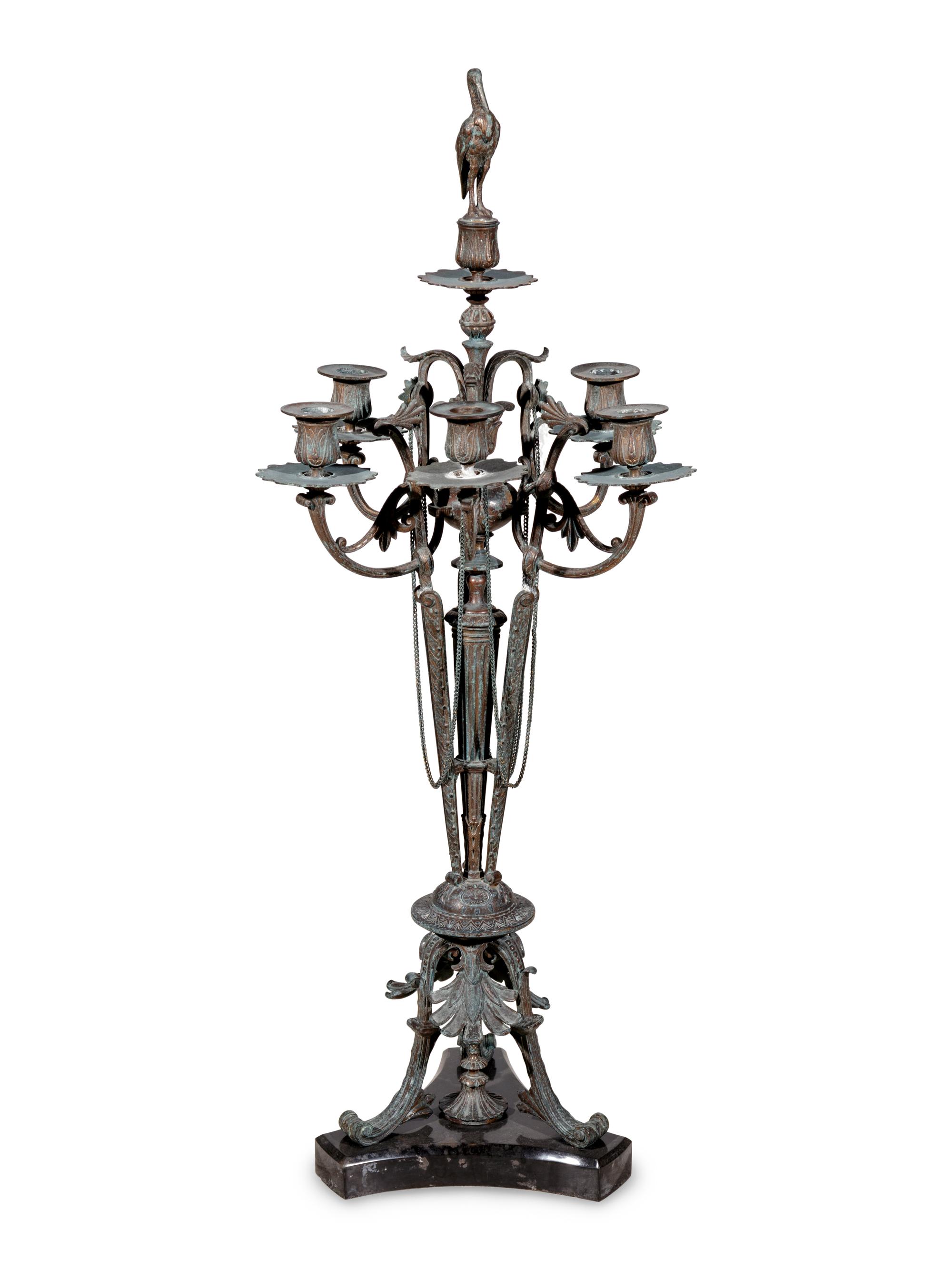 A Charles X Patinated Bronze Five-Light Candelabrum