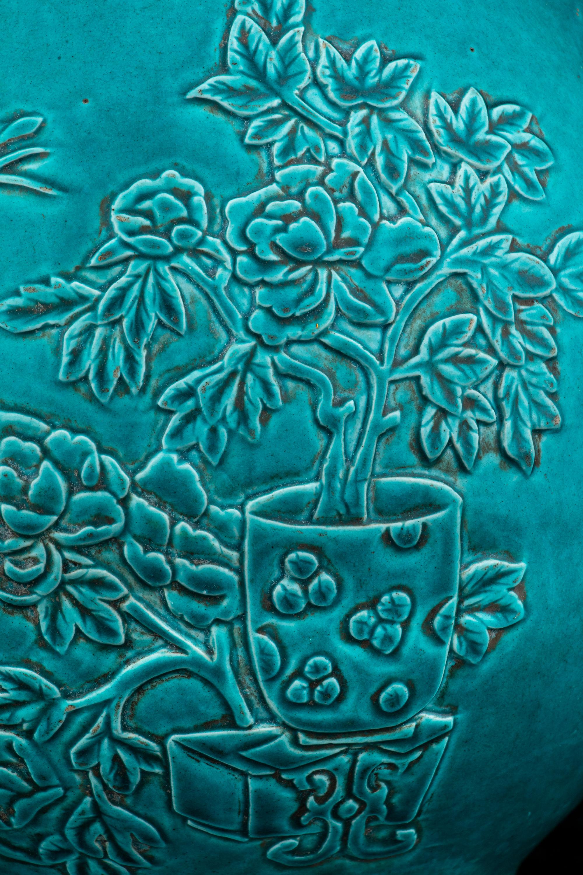 A Carved Turquoise-Glazed Porcelain Hu Vase