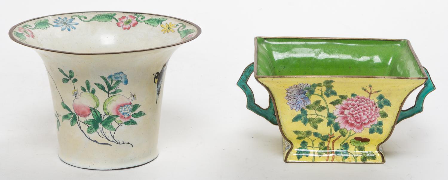 Two Canton Enamel on Copper Planters Height 4 inches.