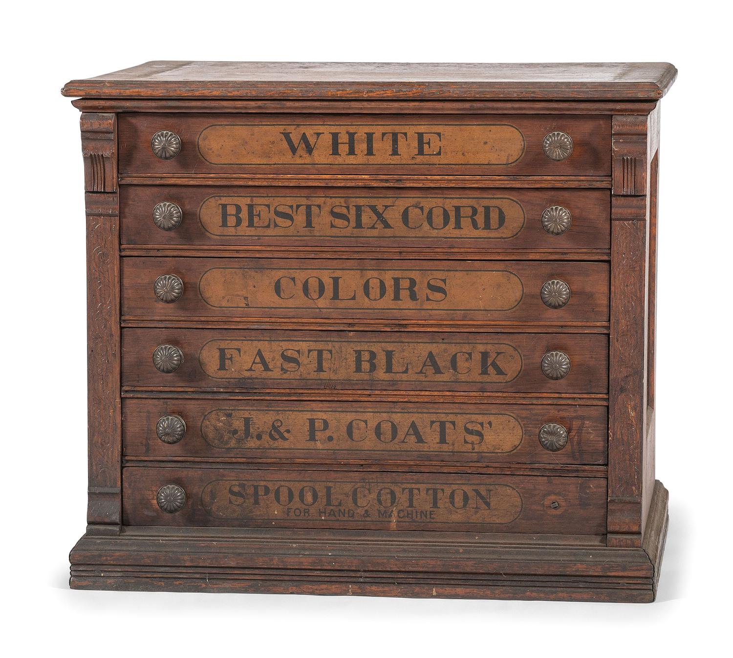 A J & P Coats Six Drawer Oak Advertising Spool Cabinet