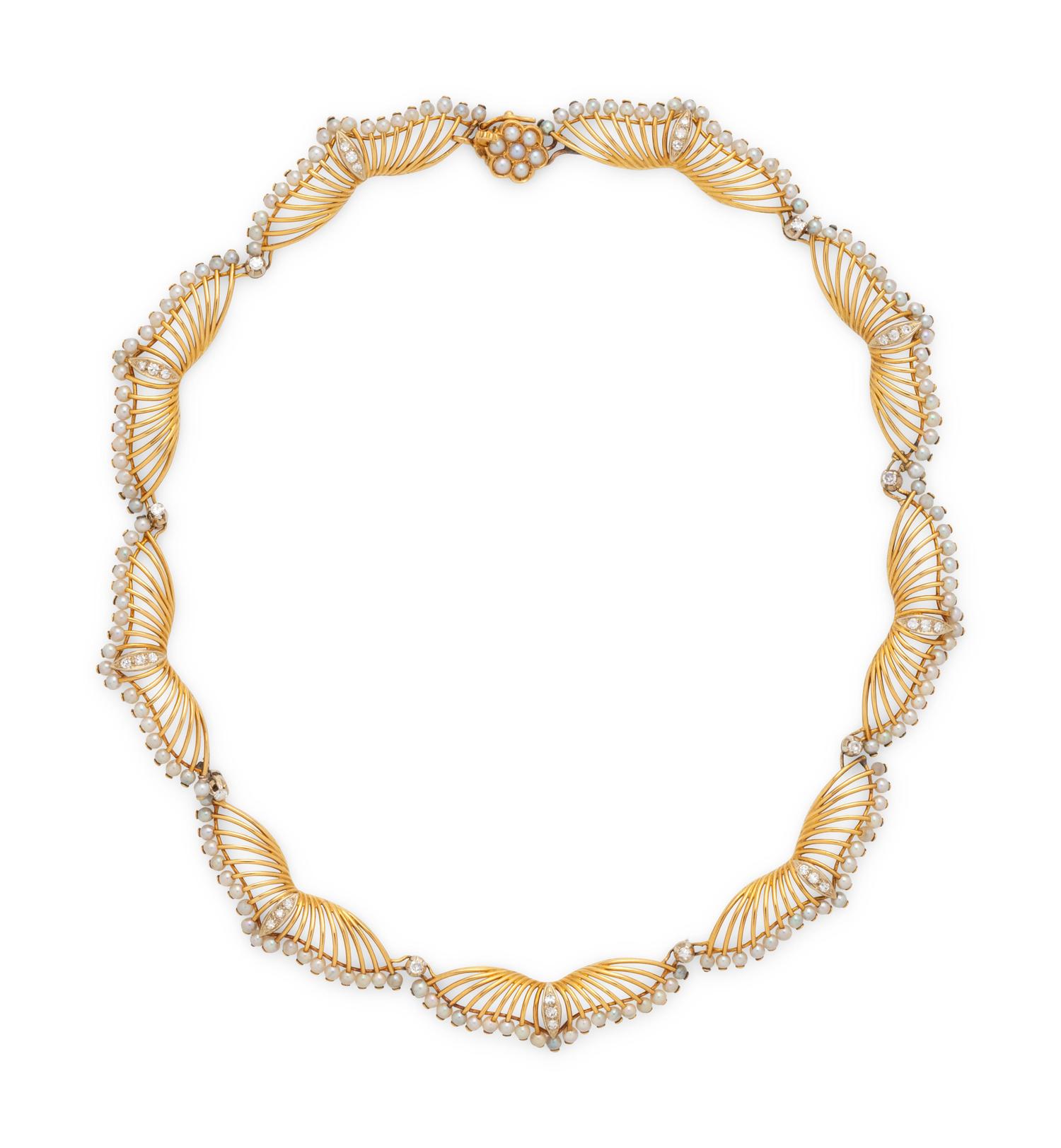 YELLOW GOLD, CULTURED PEARL AND DIAMOND SET