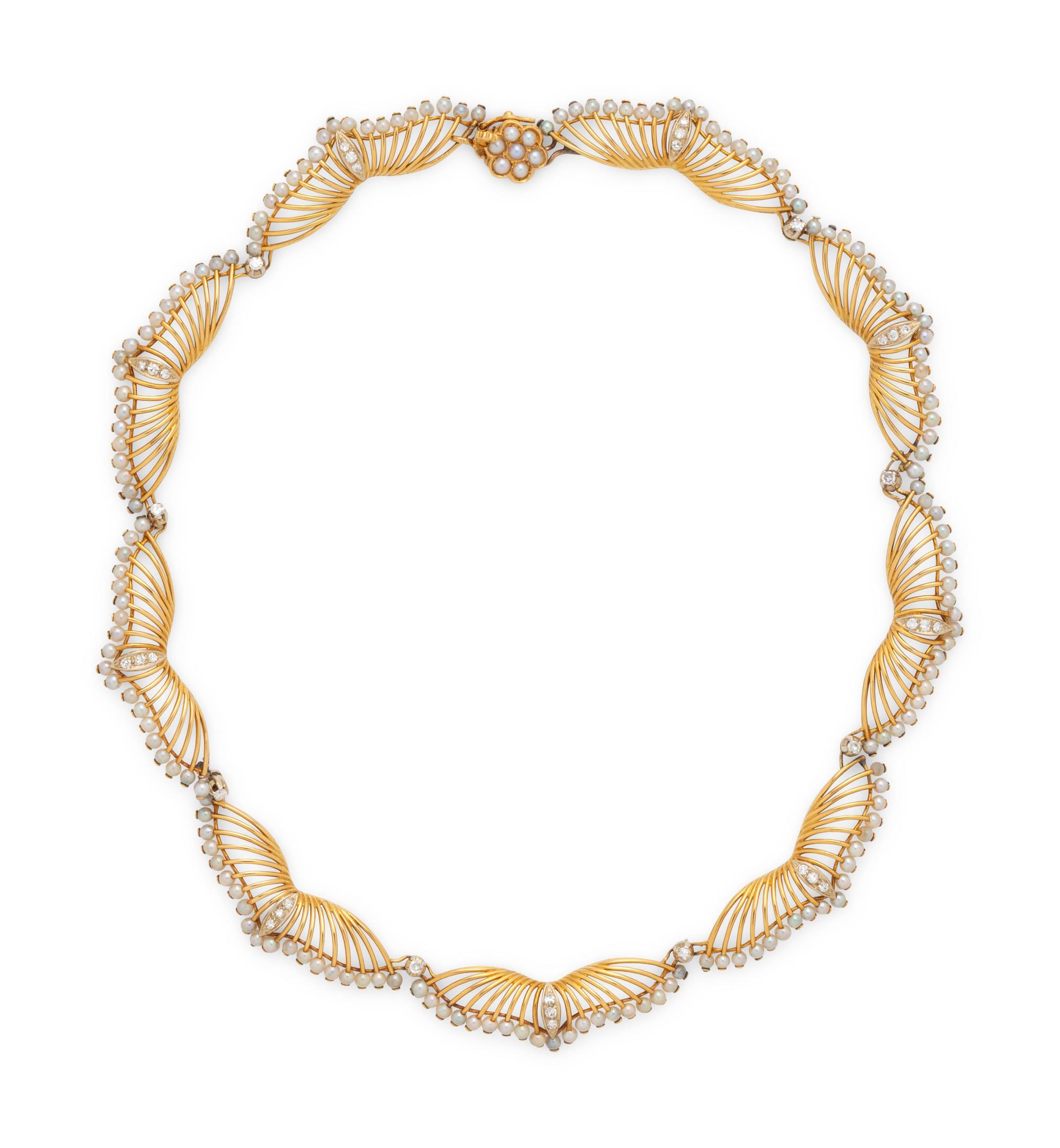 YELLOW GOLD, CULTURED PEARL AND DIAMOND SET