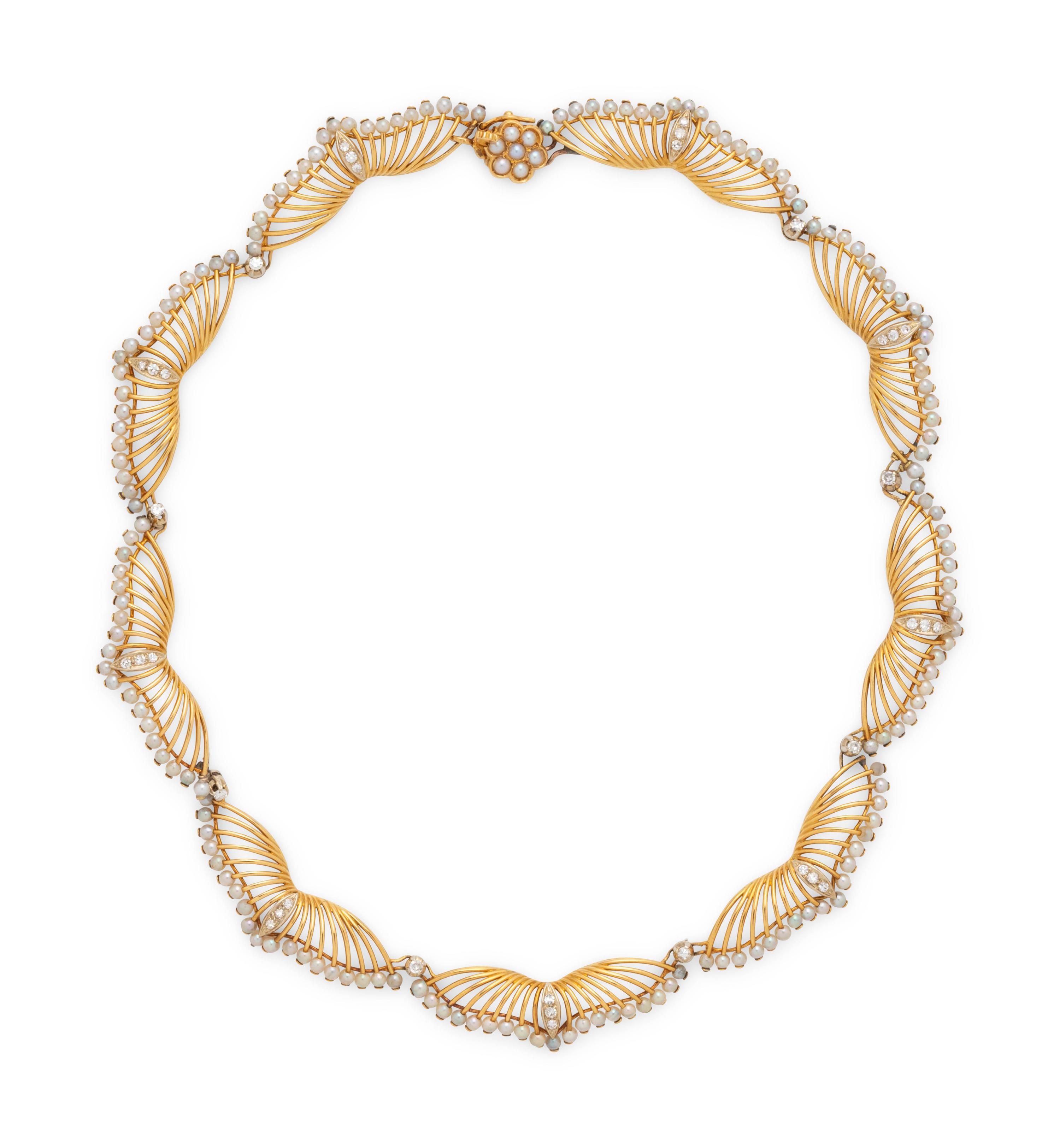 YELLOW GOLD, CULTURED PEARL AND DIAMOND SET