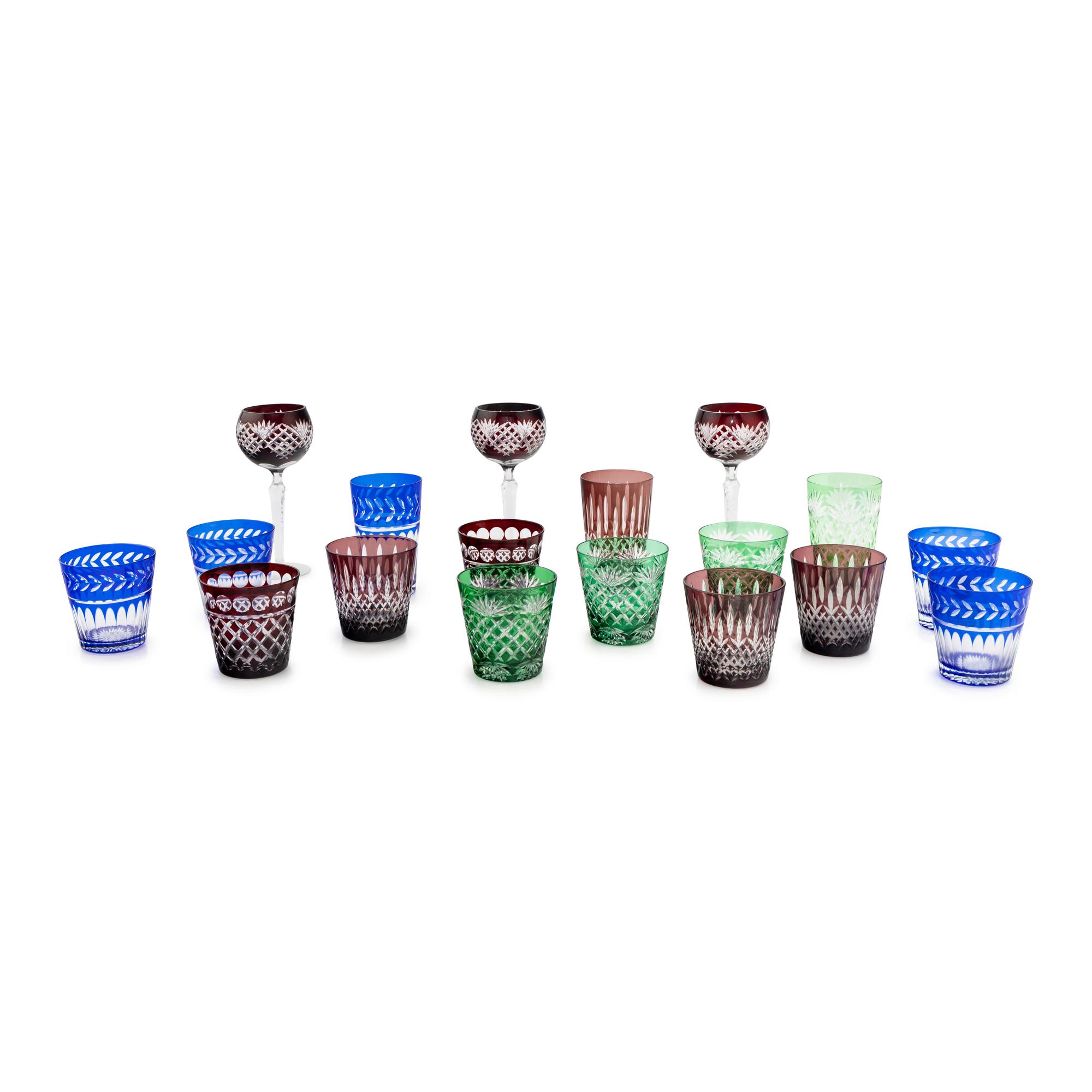 A Set of Colored Cut-to-Clear Glass Barware