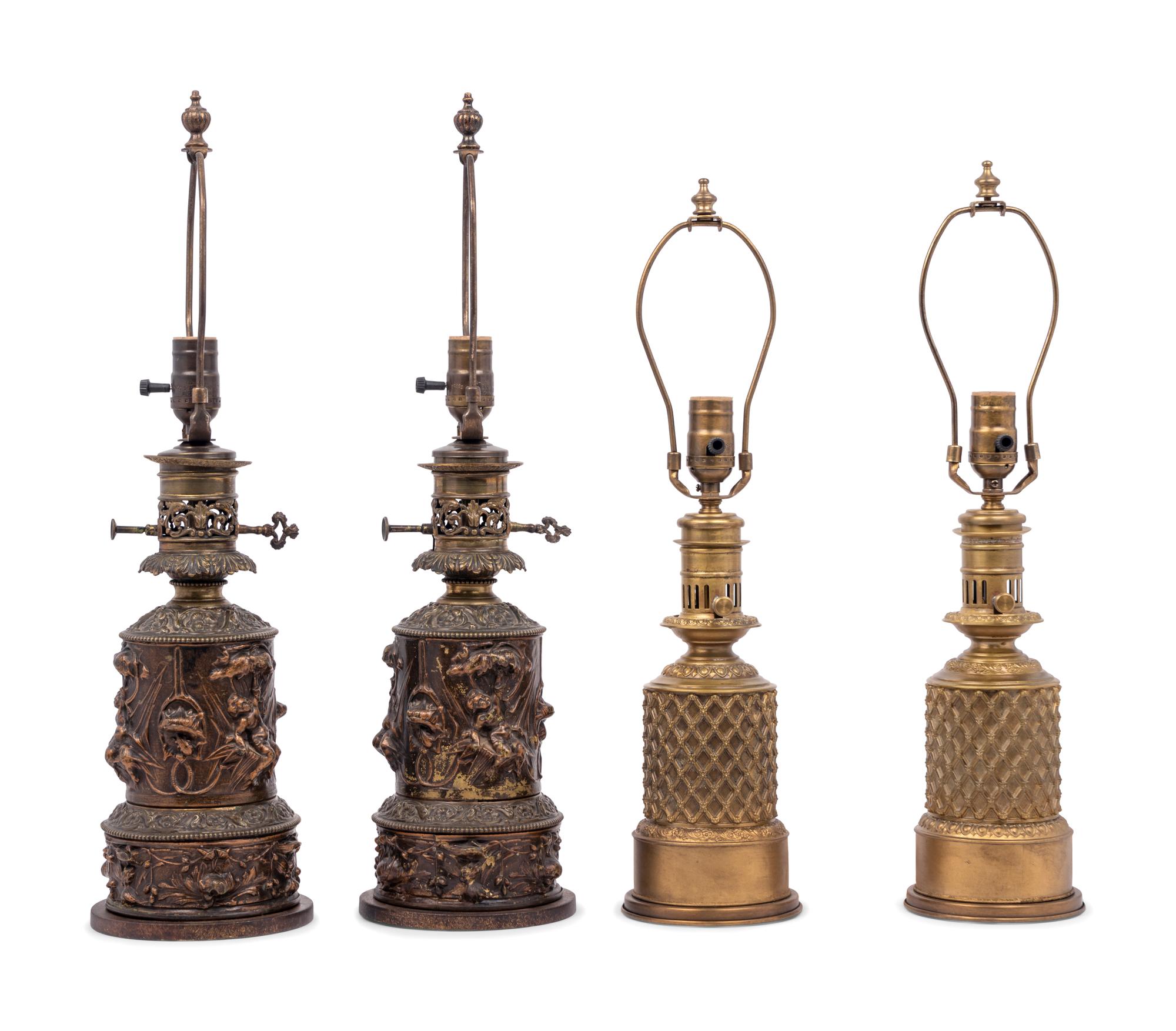 Two Pairs of French Gilt Metal Fluid Lamps Converted to Electricity