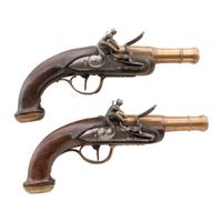 Pair of Unmarked Continental Brass Cannon Barrel Flintlock Muff Pistols