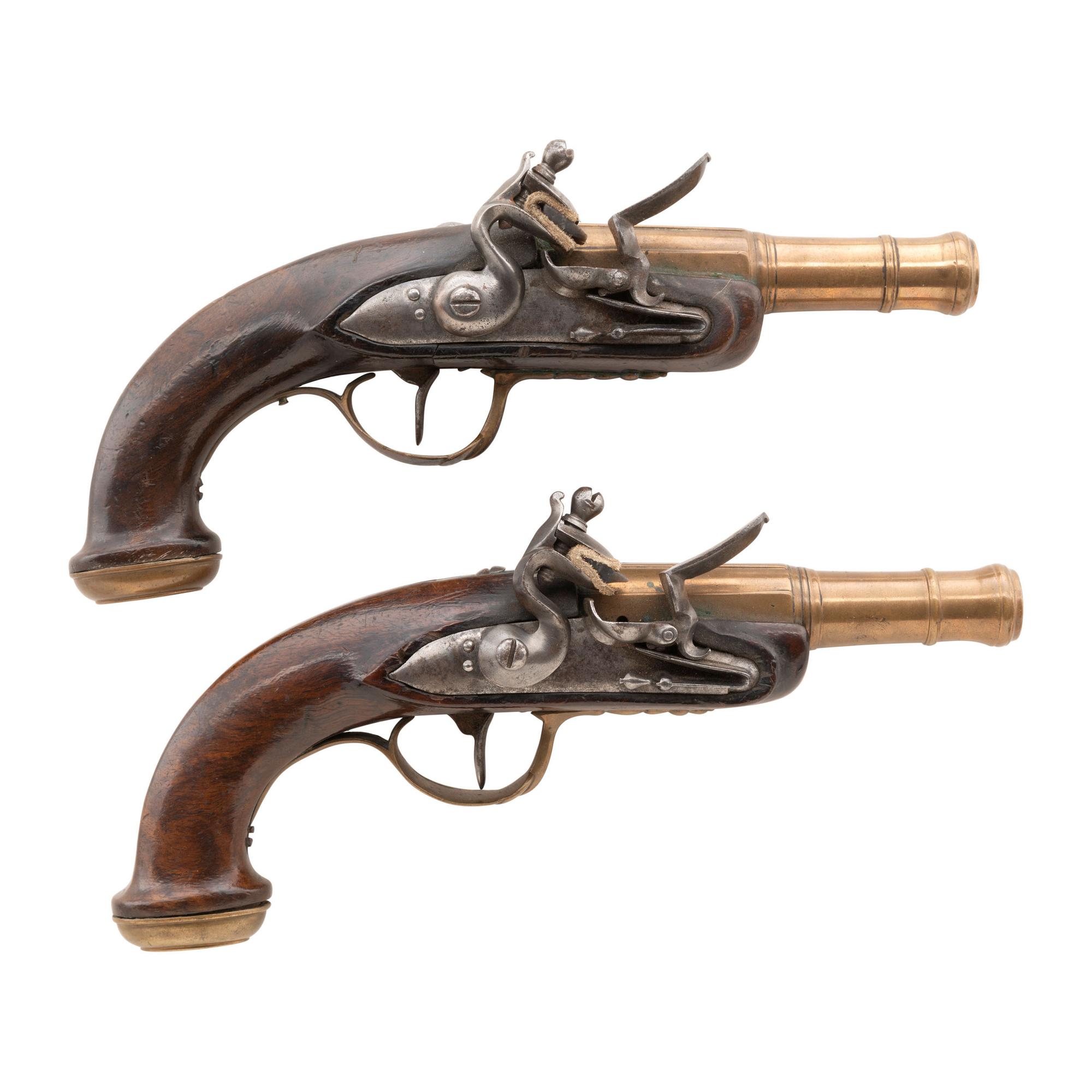 Pair of Unmarked Continental Brass Cannon Barrel Flintlock Muff Pistols