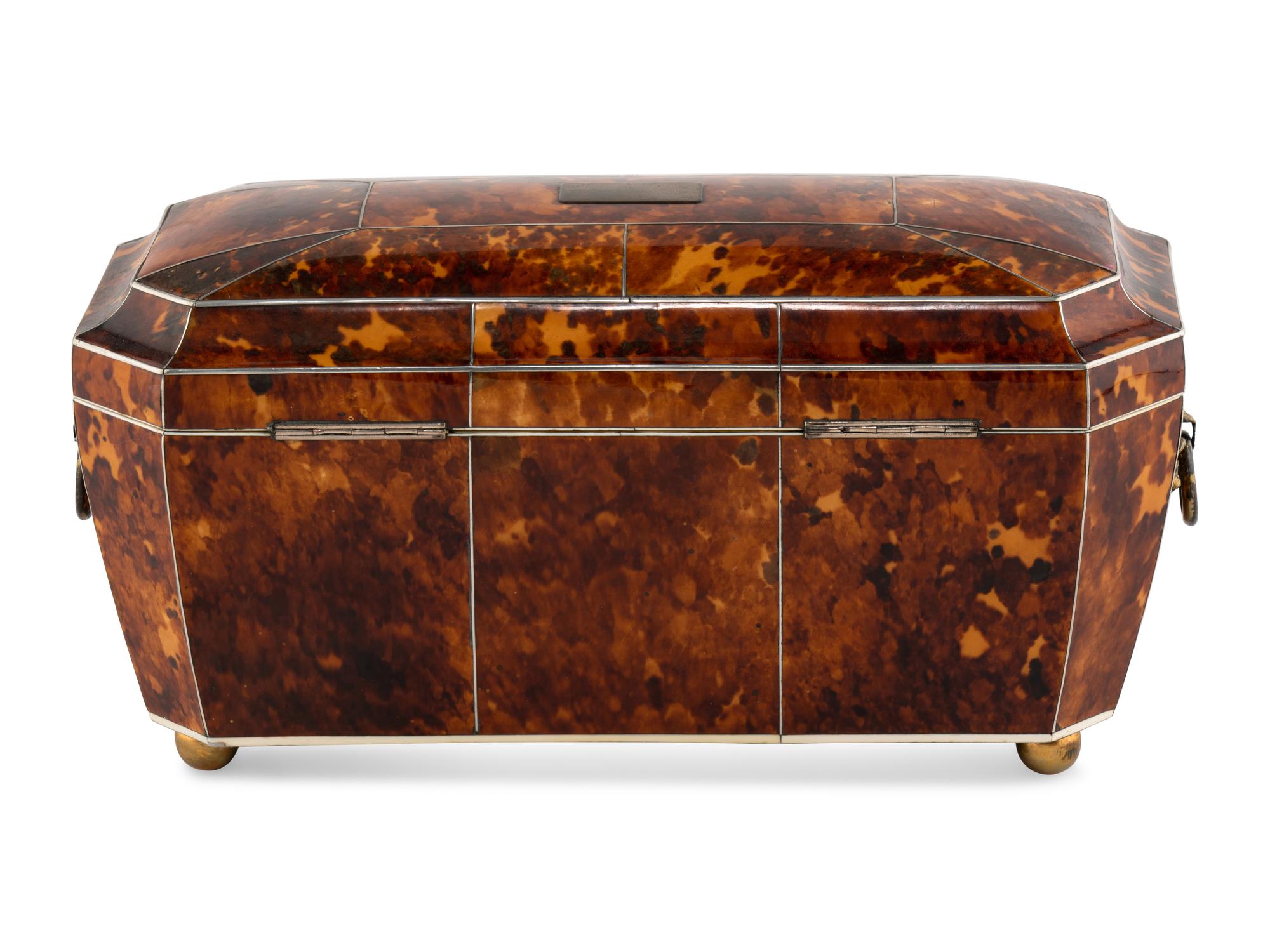 A Large George III Tortoise Shell Tea Caddy