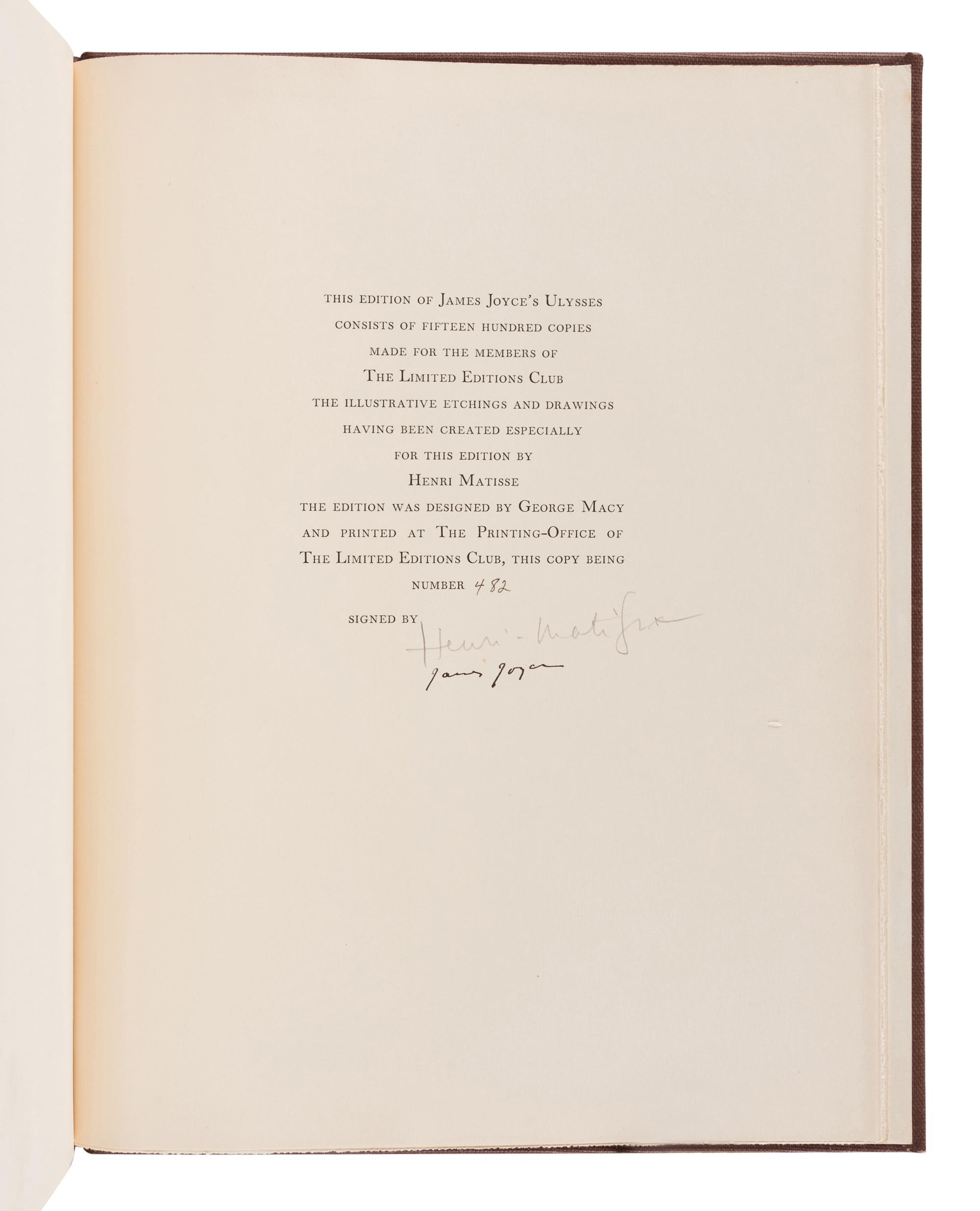 [ARTIST'S BOOK] -- [LIMITED EDITIONS CLUB]. JOYCE, James (1882-1941). Henri Matisse, illustrator. Ulysses . With an introduction by Stuart Gilbert. New York: Limited Editions Club, 1935.