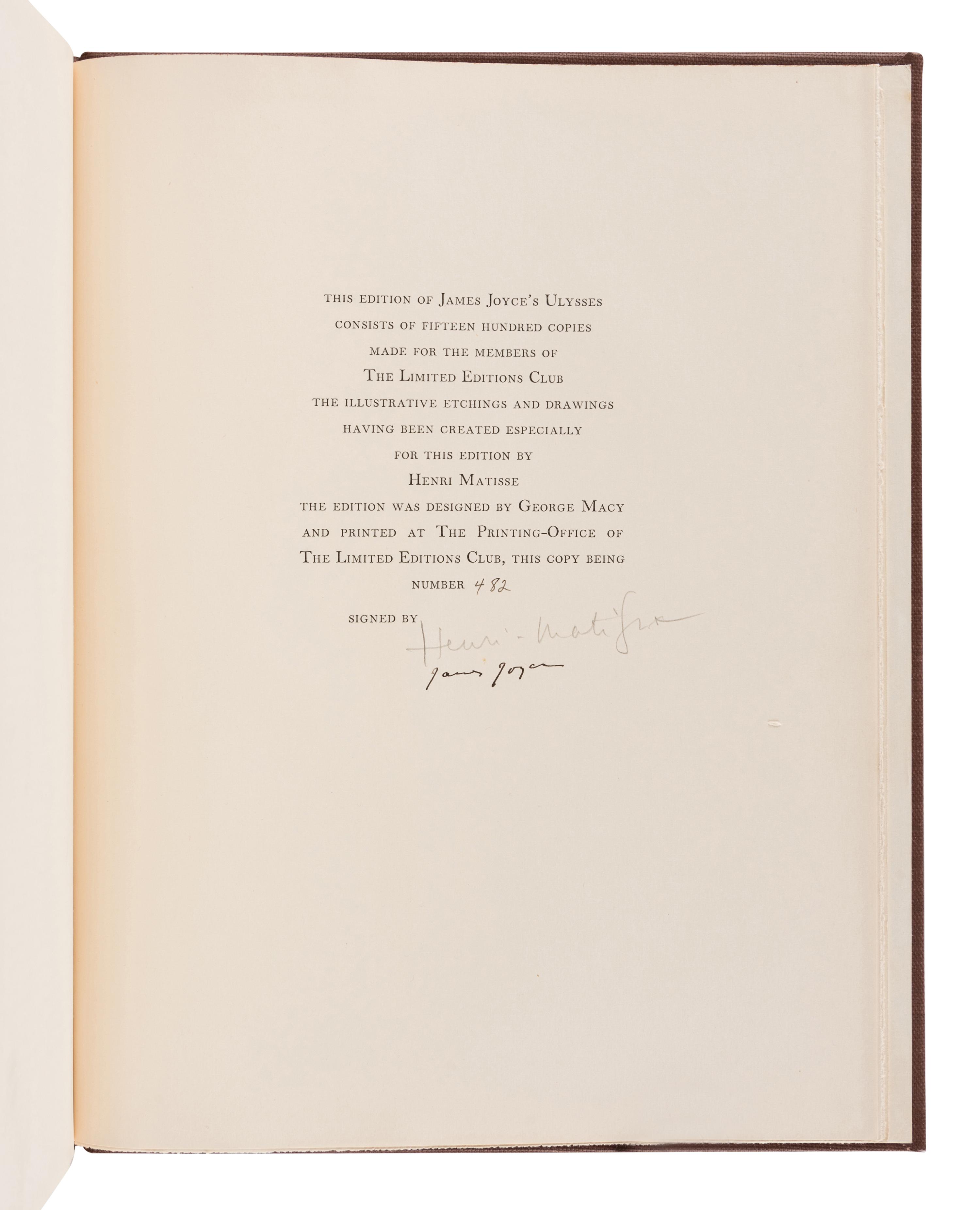 [ARTIST'S BOOK] -- [LIMITED EDITIONS CLUB]. JOYCE, James (1882-1941). Henri Matisse, illustrator. Ulysses . With an introduction by Stuart Gilbert. New York: Limited Editions Club, 1935.