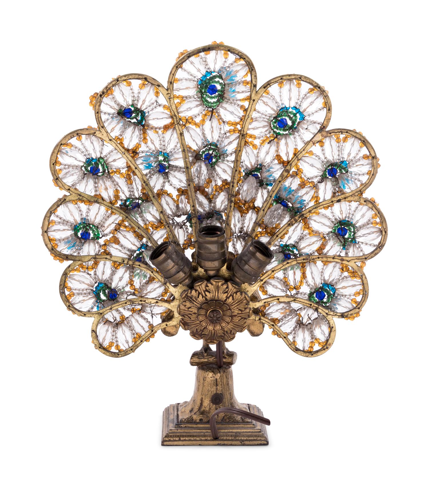 A Neoclassical Cut and Colored Glass Mounted Gilt Metal Peacock Table Lamp
