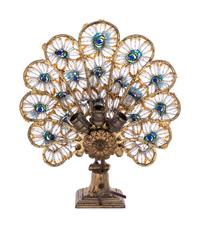 A Neoclassical Cut and Colored Glass Mounted Gilt Metal Peacock Table Lamp