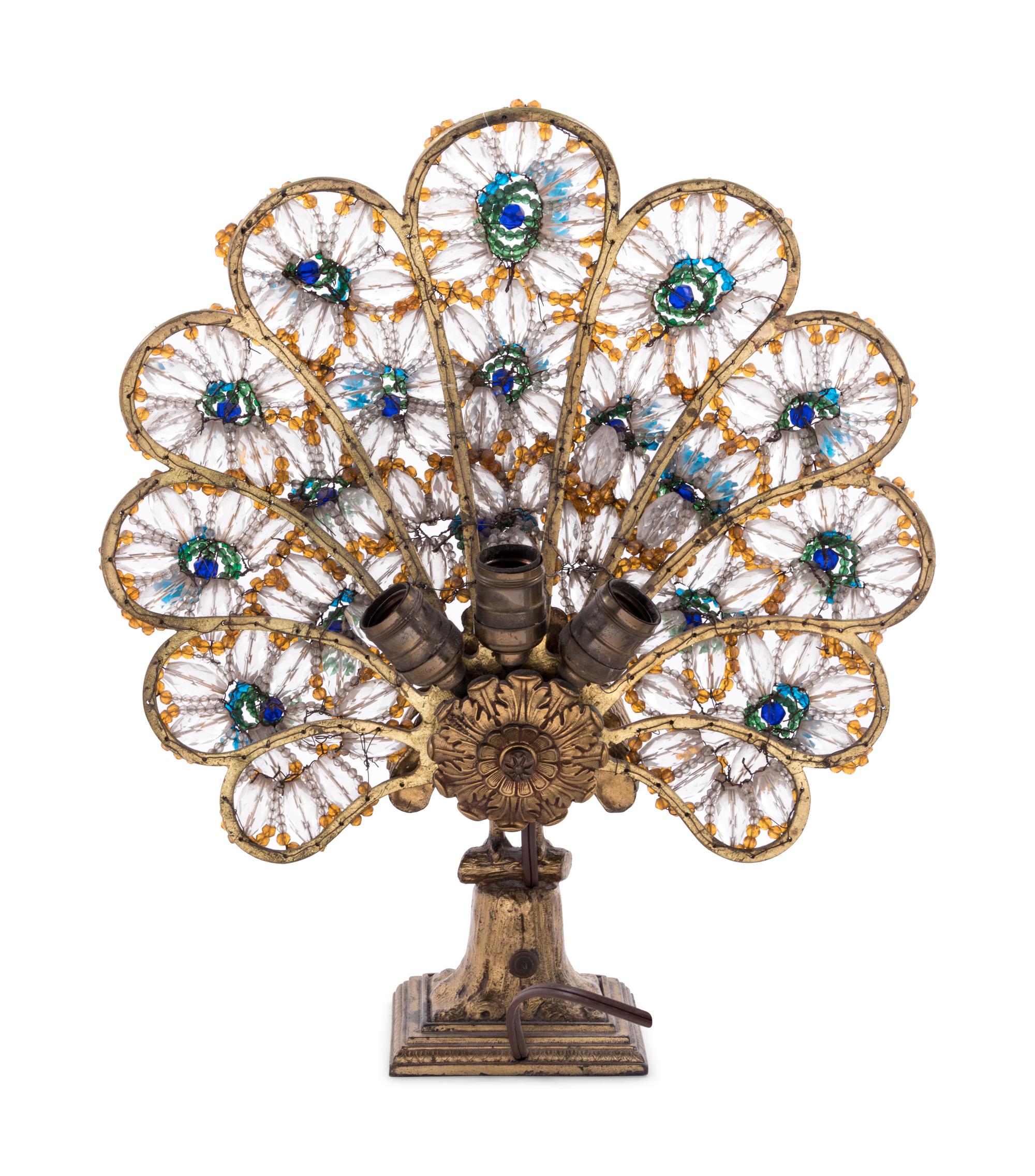 A Neoclassical Cut and Colored Glass Mounted Gilt Metal Peacock Table Lamp