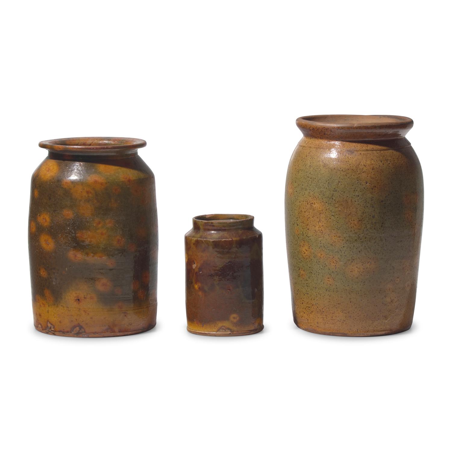 Three Galena Glazed Redware Crocks