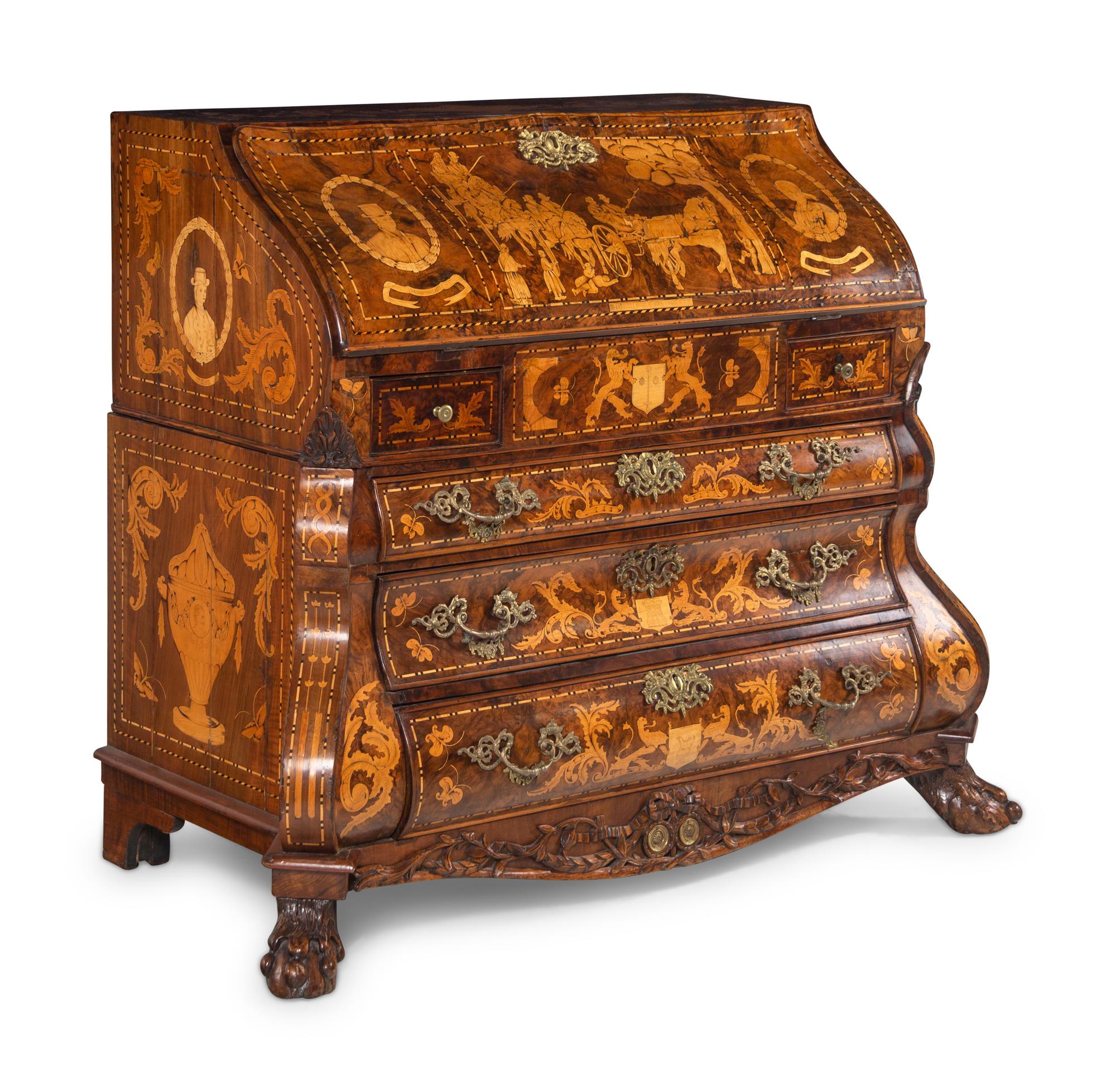 A Dutch Baroque Burl Walnut and Marquetry Slant-Front Desk