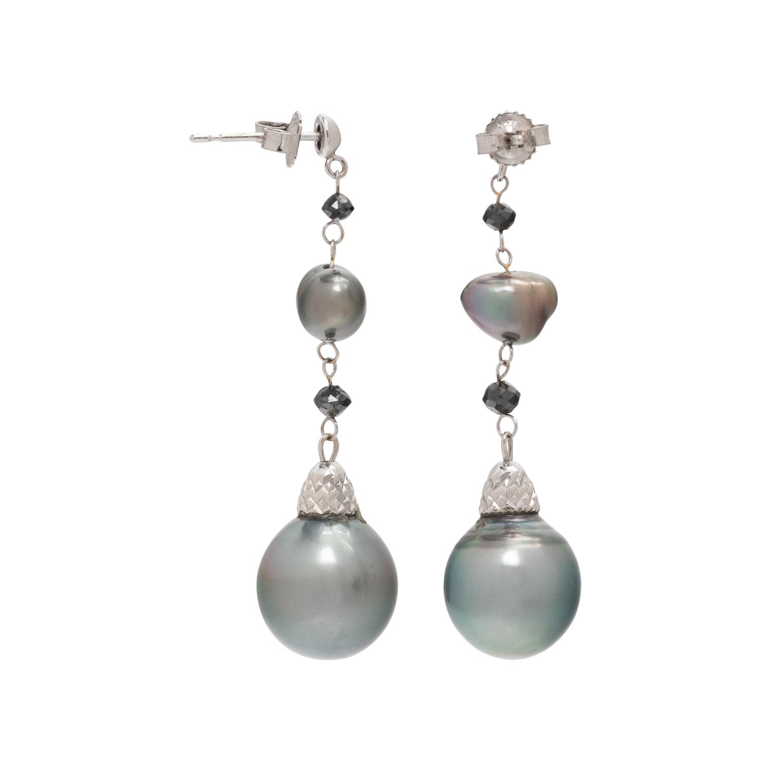CULTURED TAHITIAN PEARL AND BLACK DIAMOND EARRINGS