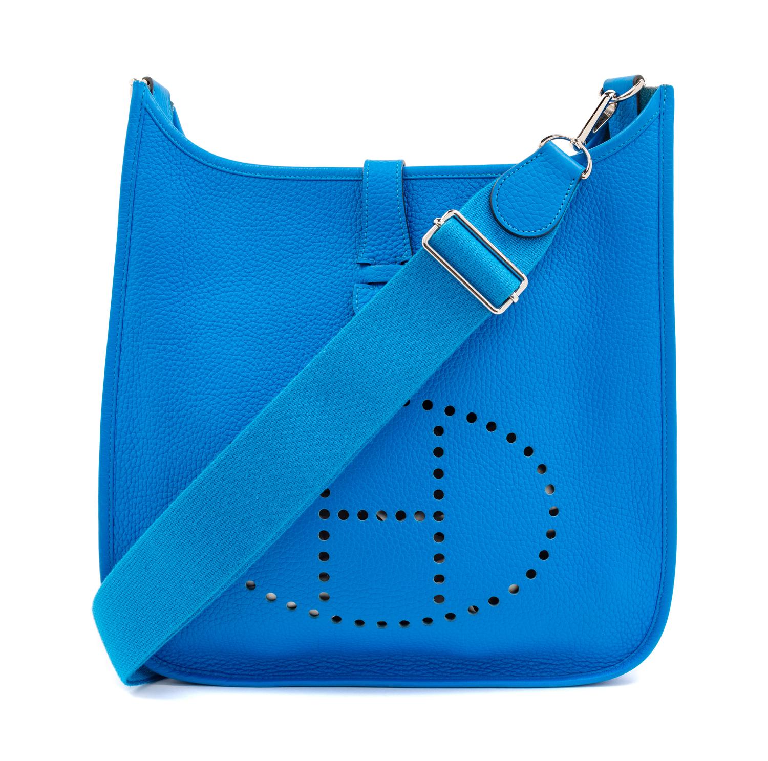 Hermès Blue Clemence Evelyne III GM Handbag, 2012 13" L x 4" W x 12" H; Strap drop: 19"- 27"