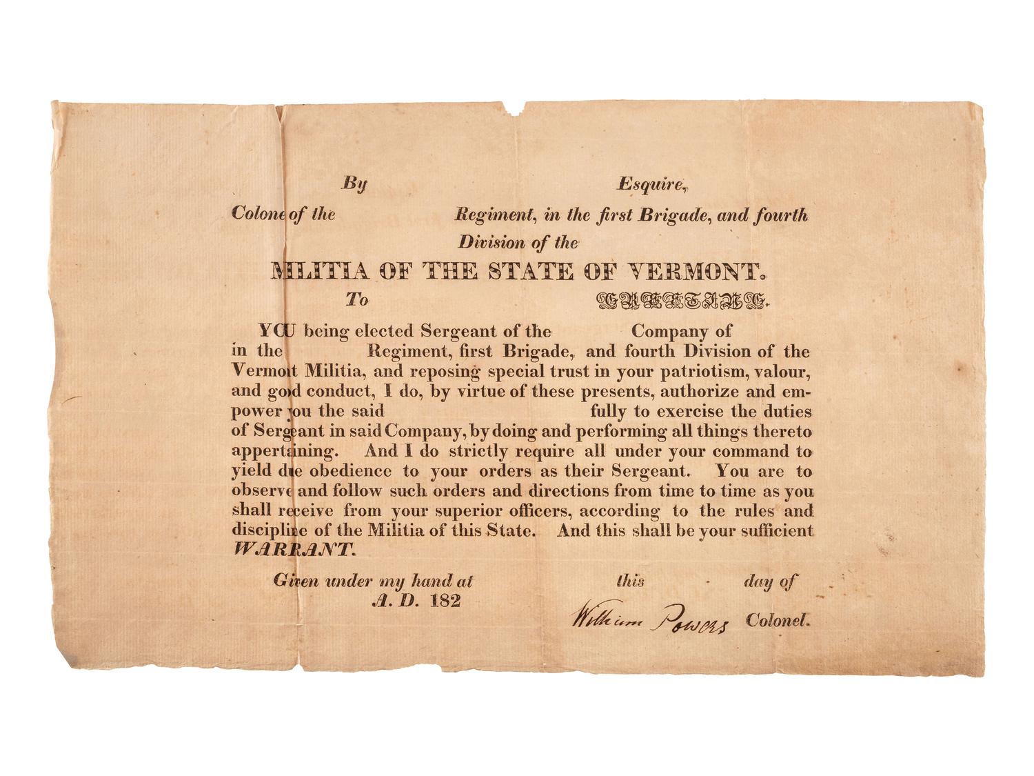 [MILITIA]. A group of documents related to nineteenth-century state militias, including broadsides and a War of 1812 appointment signed by Connecticut Governor John Cotton Smith.
