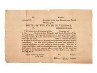 [MILITIA]. A group of documents related to nineteenth-century state militias, including broadsides and a War of 1812 appointment signed by Connecticut Governor John Cotton Smith.