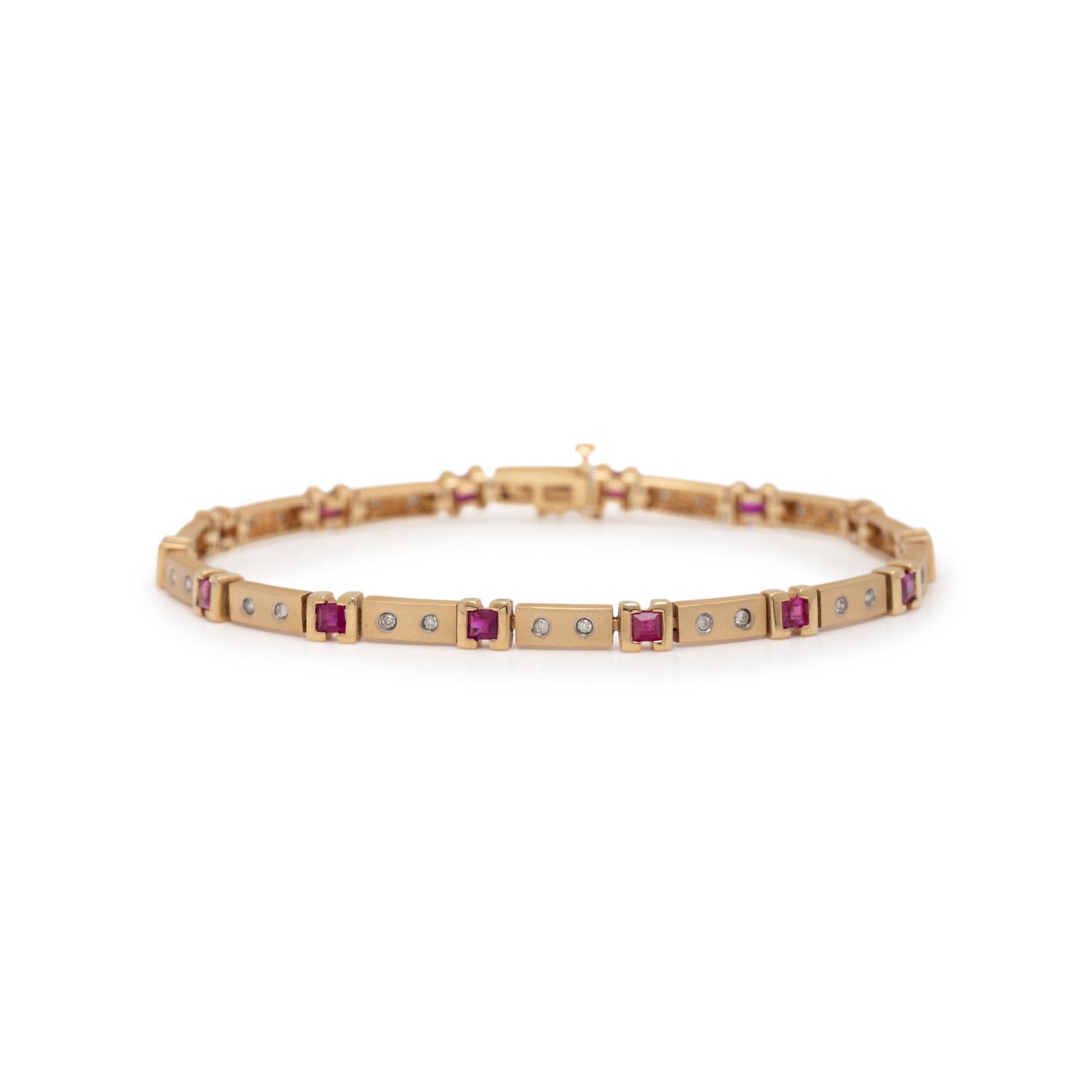 YELLOW GOLD, SYNTHETIC RUBY, AND DIAMOND BRACELET