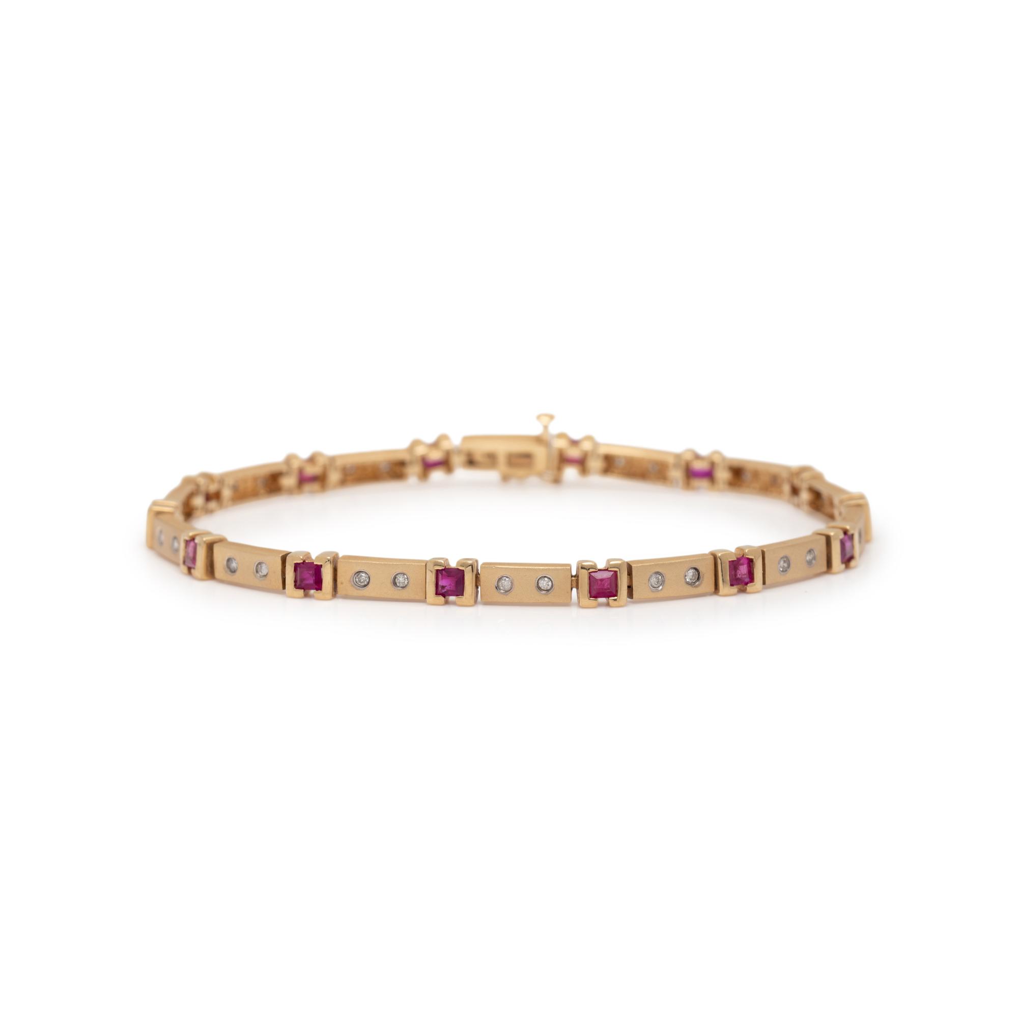 YELLOW GOLD, SYNTHETIC RUBY, AND DIAMOND BRACELET