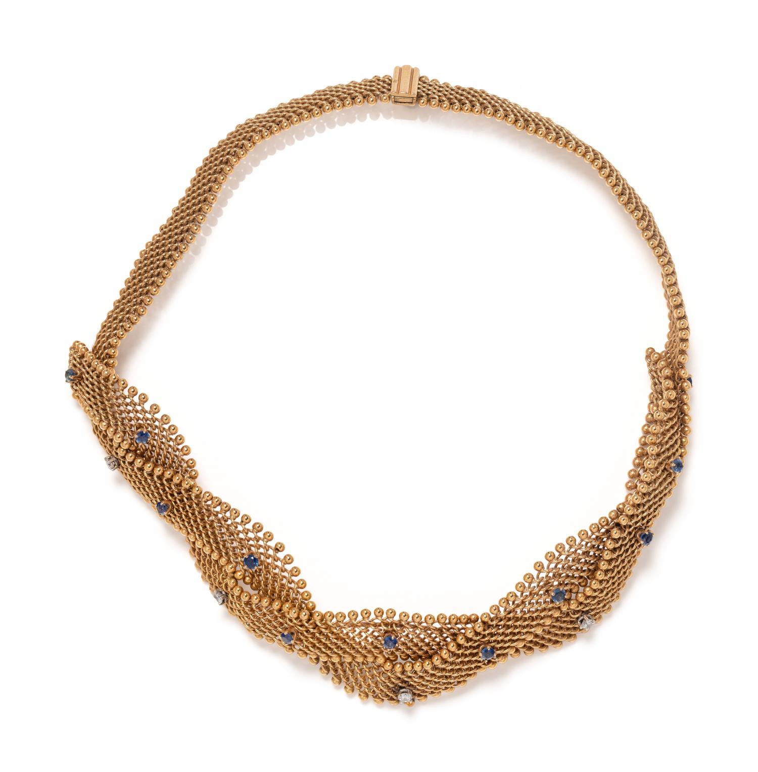 FRENCH, YELLOW GOLD, SAPPHIRE AND DIAMOND NECKLACE