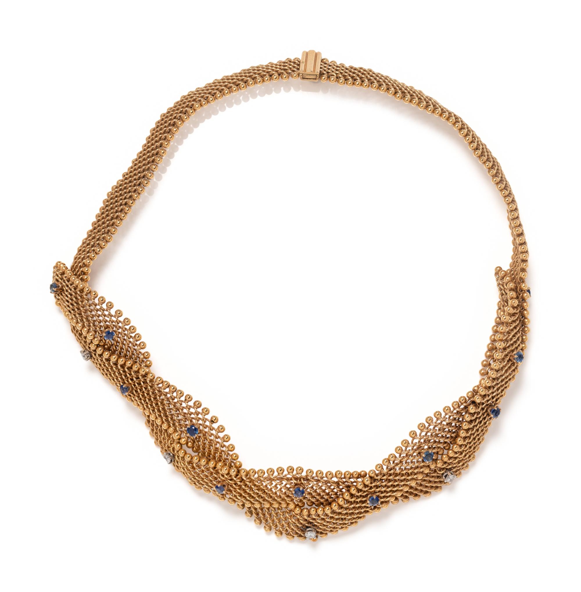 FRENCH, YELLOW GOLD, SAPPHIRE AND DIAMOND NECKLACE
