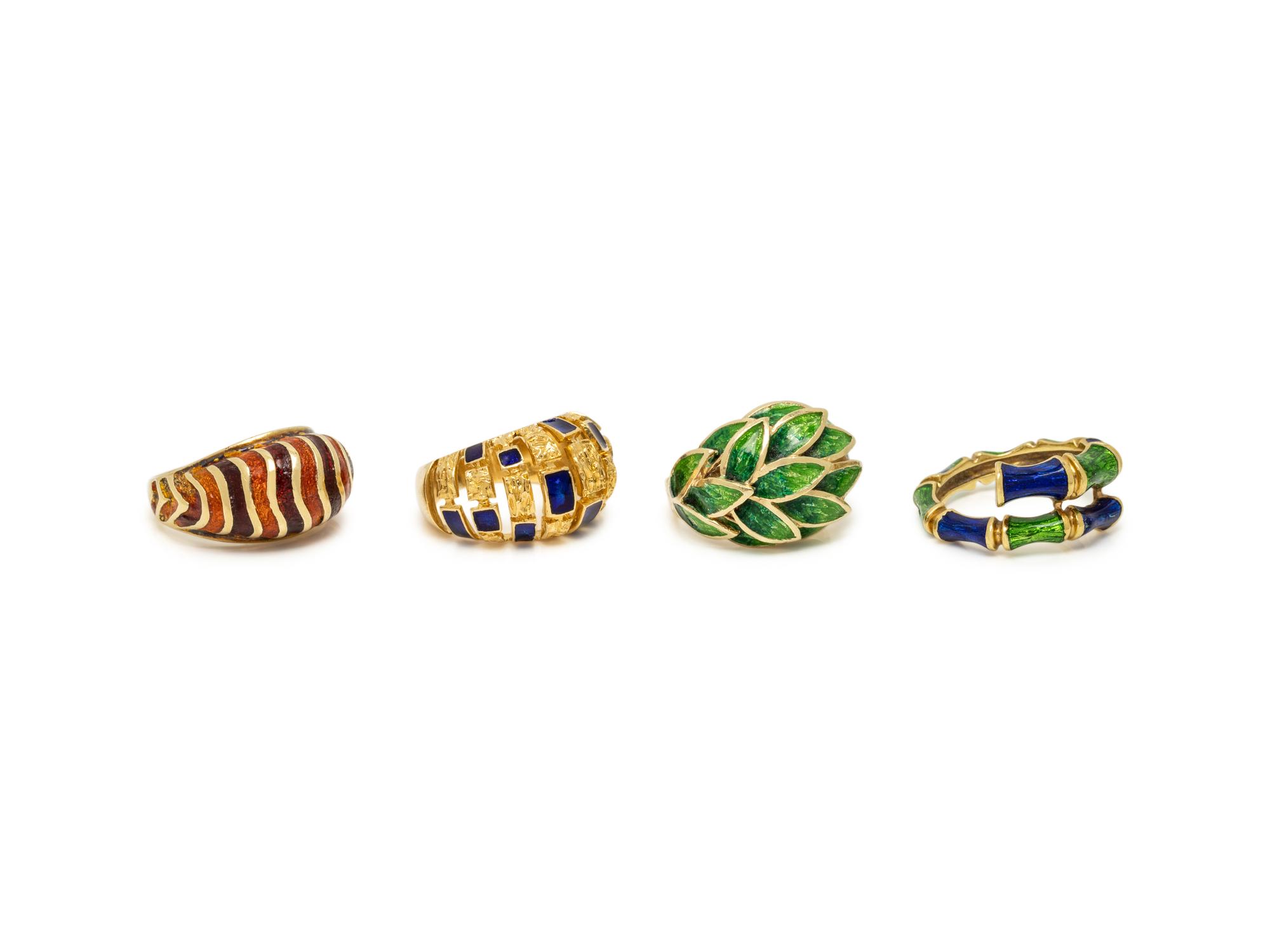 COLLECTION OF YELLOW GOLD AND ENAMEL RINGS