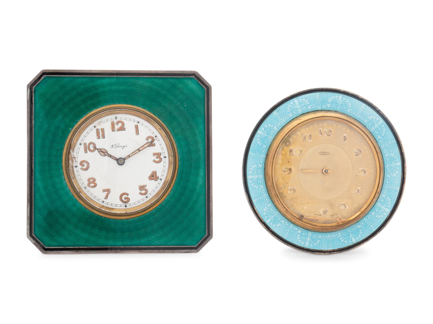 A Silver and Guilloche Enamel Eight-Day Desk Clock Retailed by Tiffany and Co.