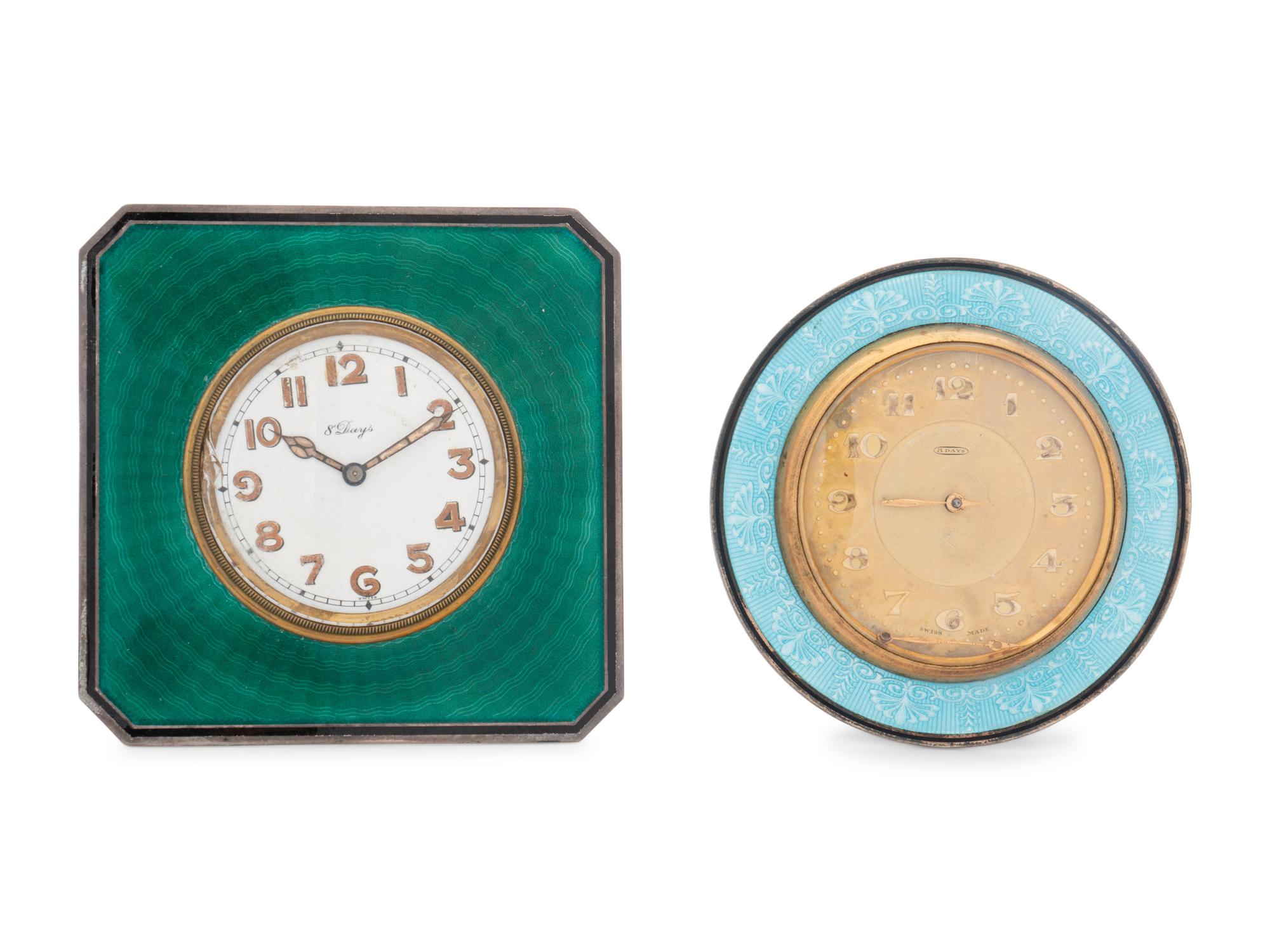 A Silver and Guilloche Enamel Eight-Day Desk Clock Retailed by Tiffany and Co.