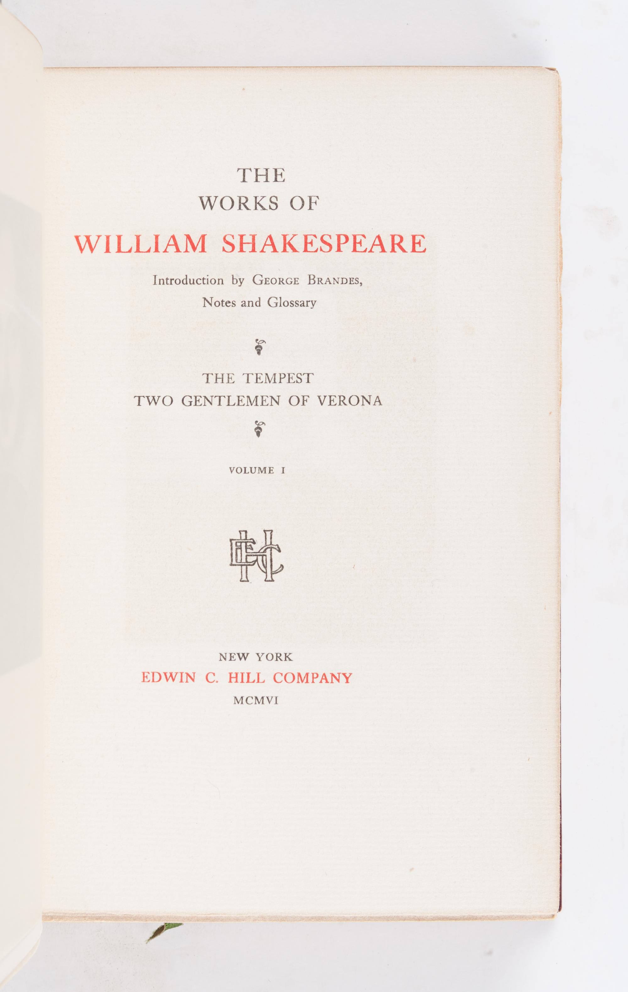 [BINDINGS]. SHAKESPEARE, William (1564-1661). Works . New York: Edwin C. Hill Company, 1906.