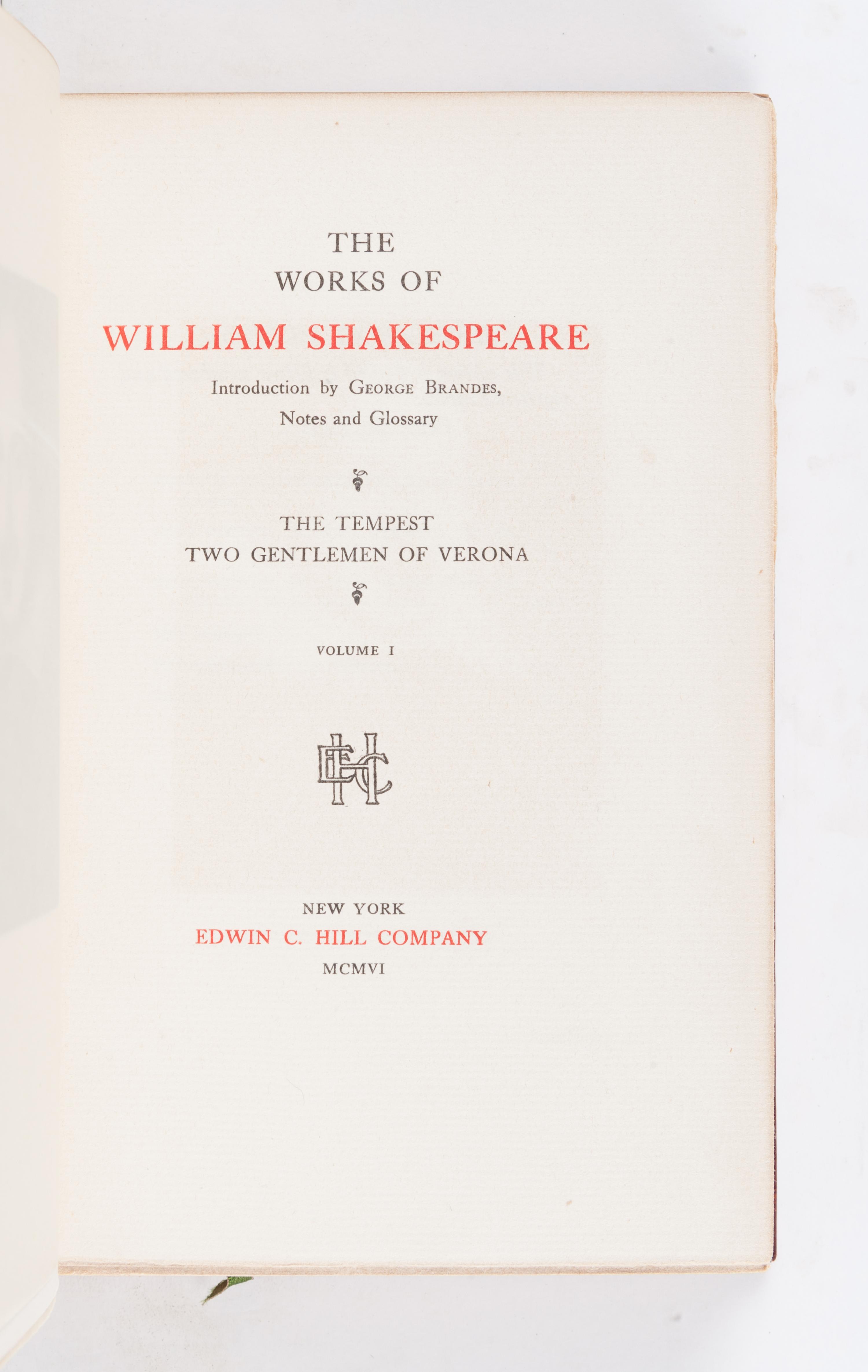 [BINDINGS]. SHAKESPEARE, William (1564-1661). Works . New York: Edwin C. Hill Company, 1906.