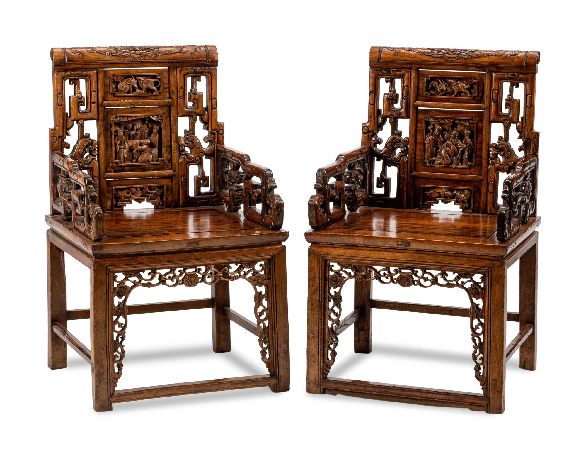 A Pair of Chinese Carved Hardwood Armchairs