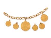 YELLOW GOLD BRACELET AND COLLECTION OF YELLOW GOLD AND COIN PENDANTS