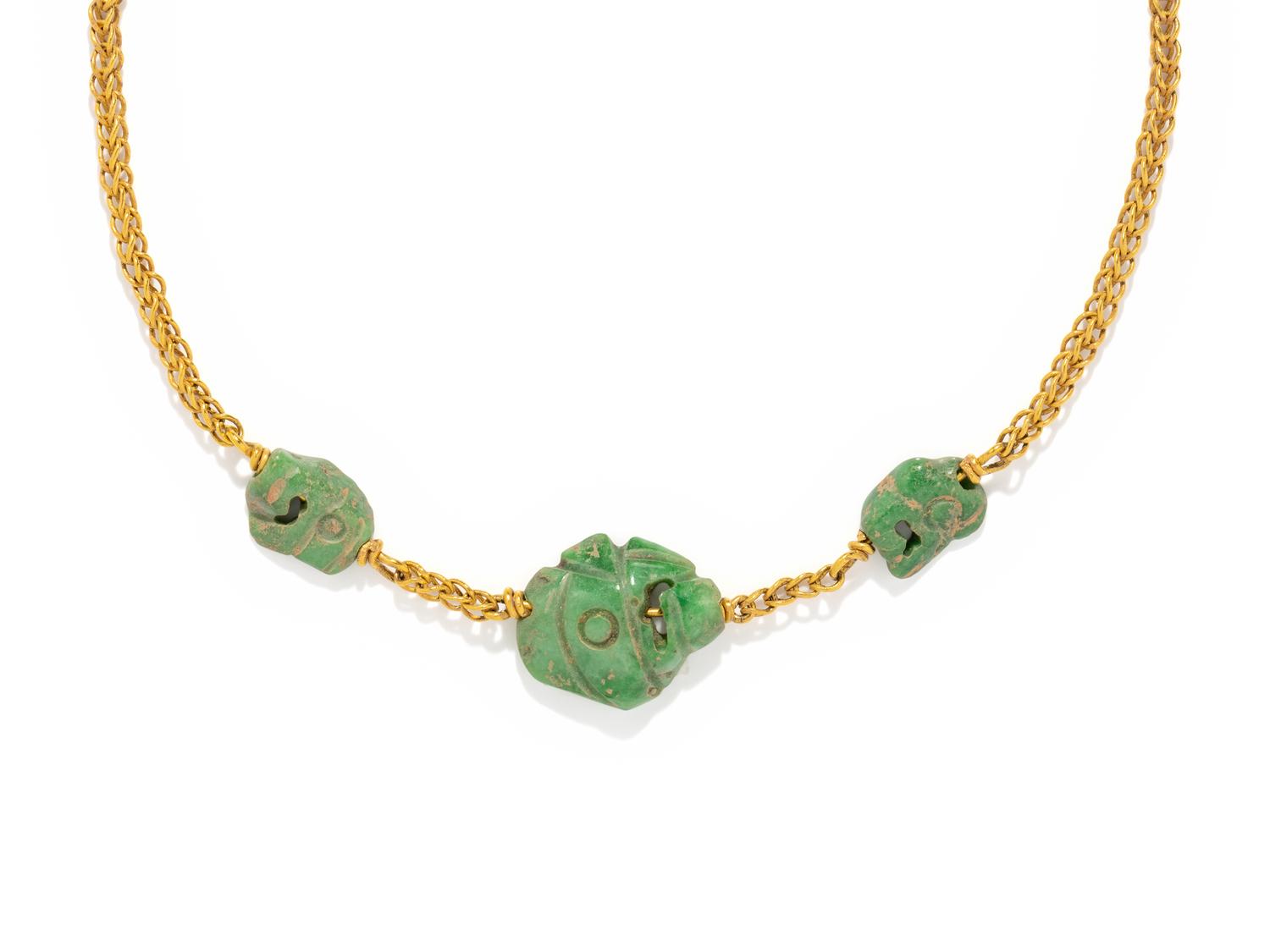 Three Maya Jade Parrot Pendants — Strung on a gold necklace
