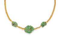 Three Maya Jade Parrot Pendants — Strung on a gold necklace