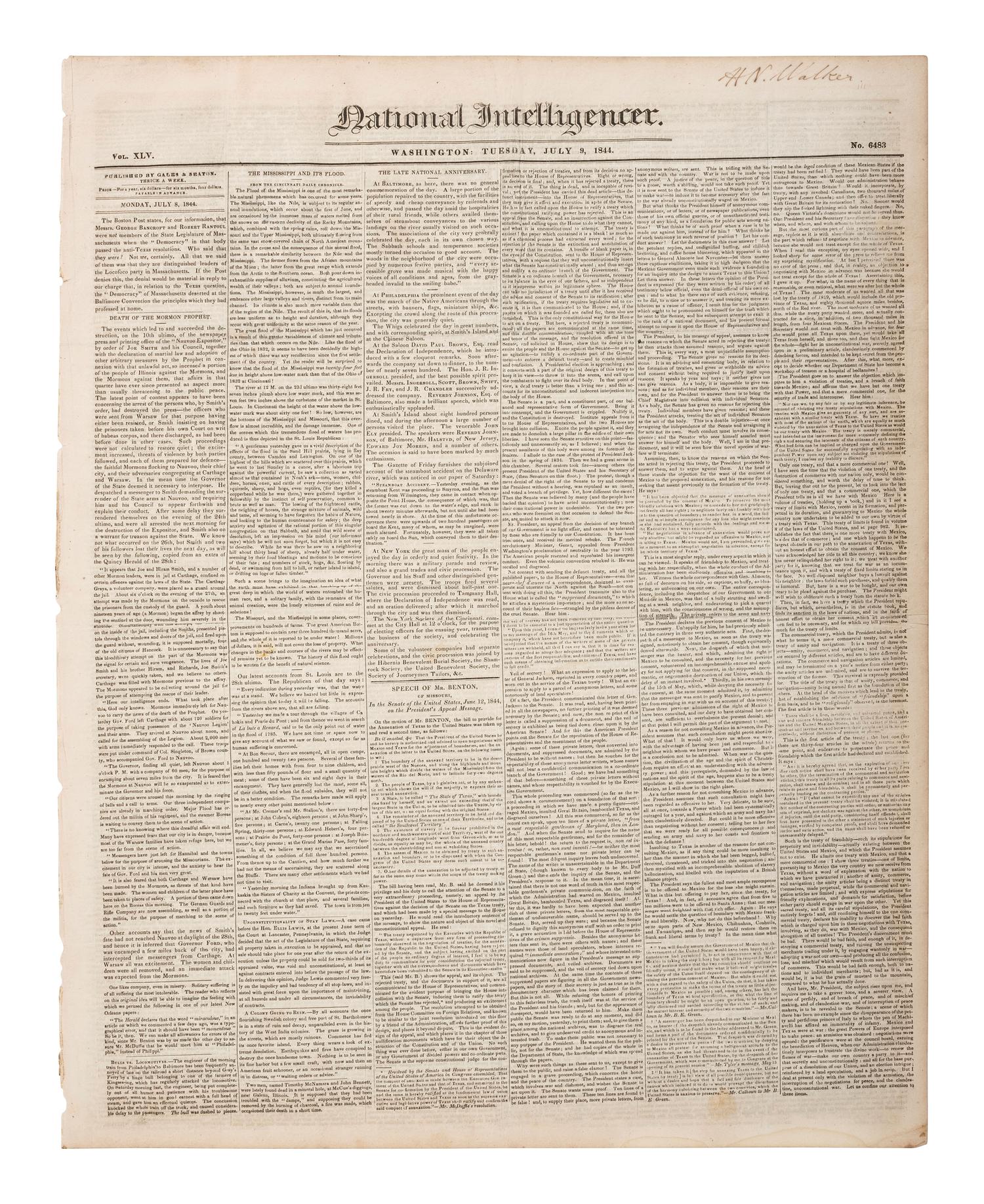 [MORMONS]. National Intelligencer . Coverage of the death of Mormon leader Joseph Smith.