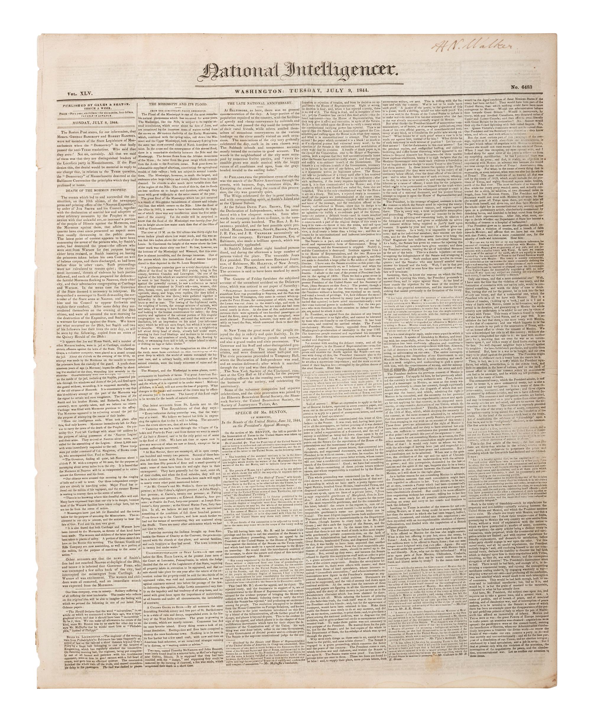 [MORMONS]. National Intelligencer . Coverage of the death of Mormon leader Joseph Smith.