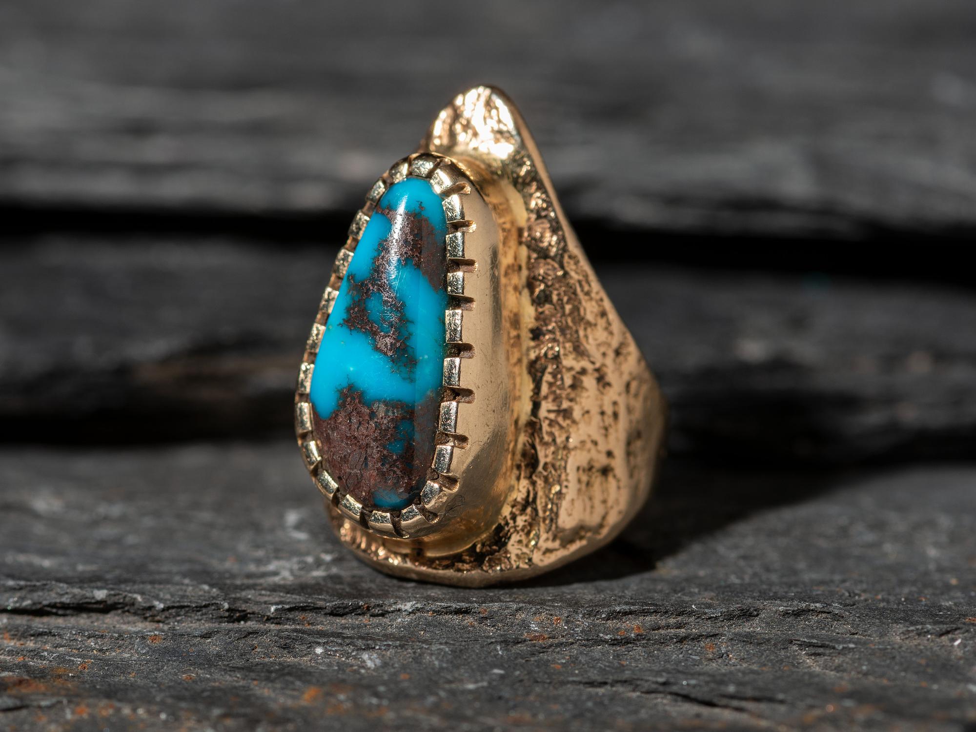 Bisbee Turquoise and 14K Gold Tufa Cast Shield Ring