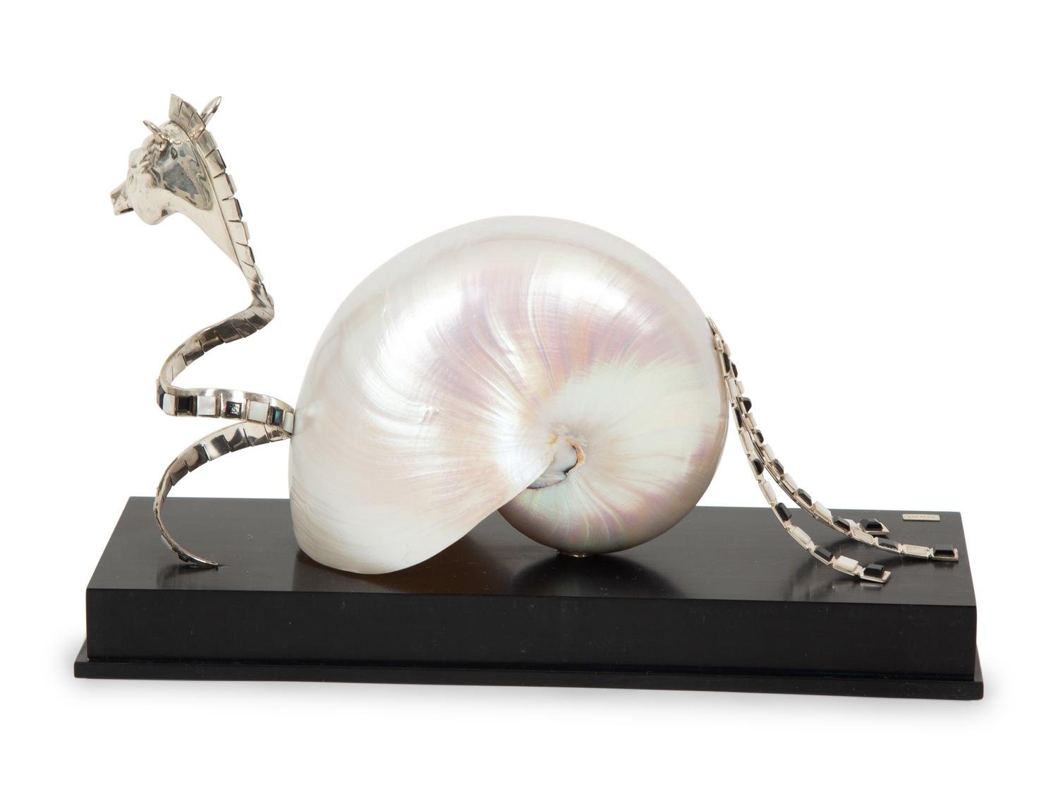 A Roberto Estevez Seahorse Nautilus Shell and Silver Sculpture