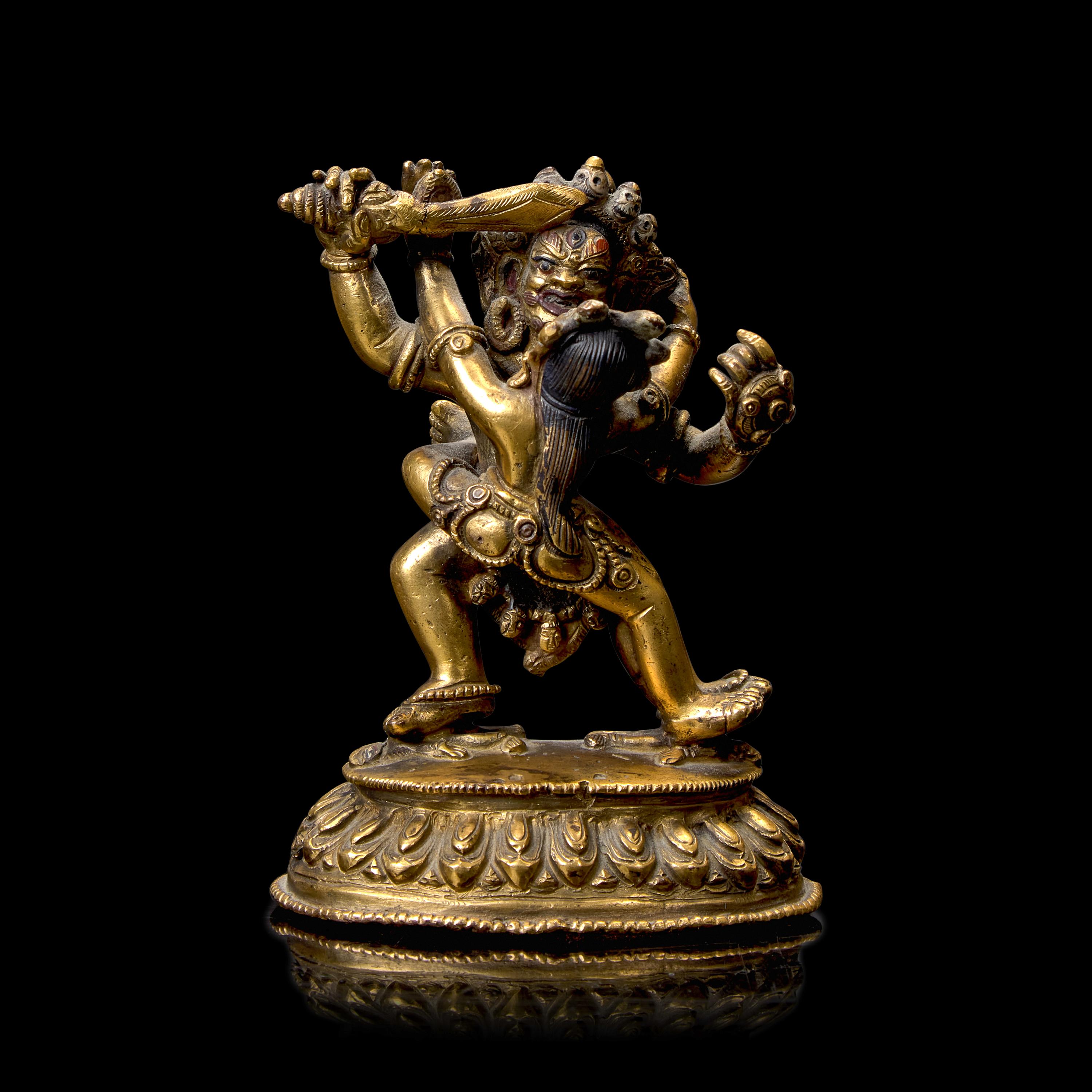 A Small Sino-Tibetan Gilt Bronze Figure of a Mahakala and Shakti 銅鎏金大黑天