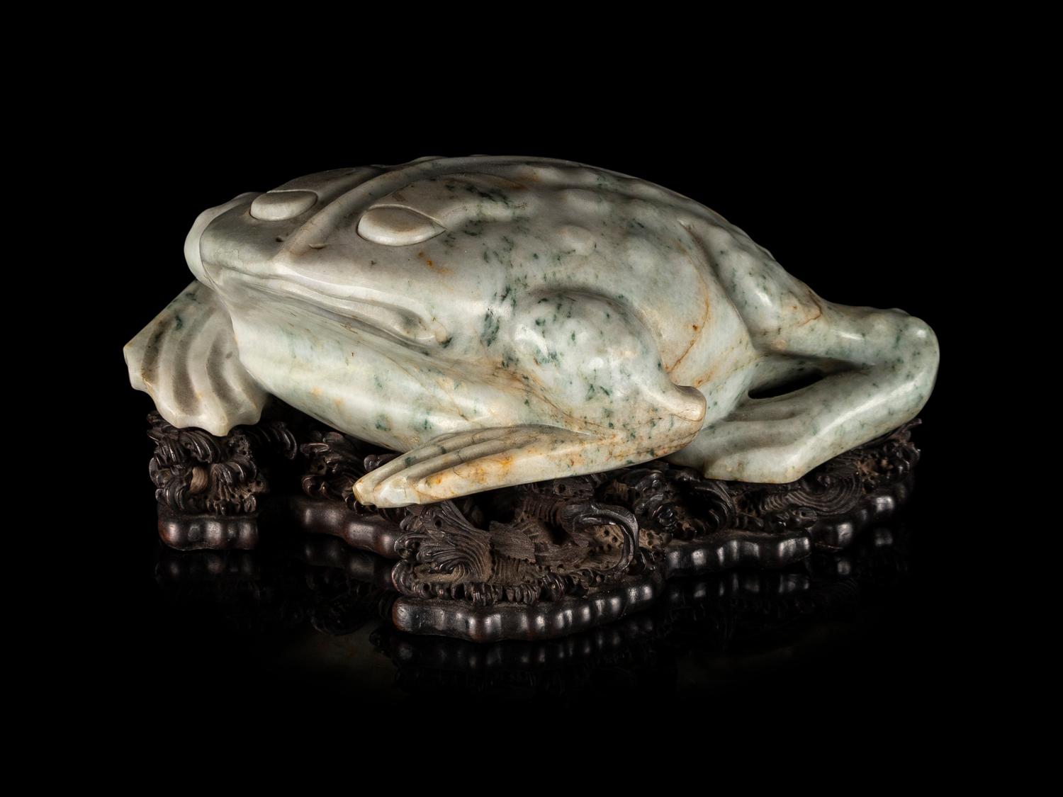 A Large Chinese Pale Celadon Hardstone Figure of a Three-Legged Toad