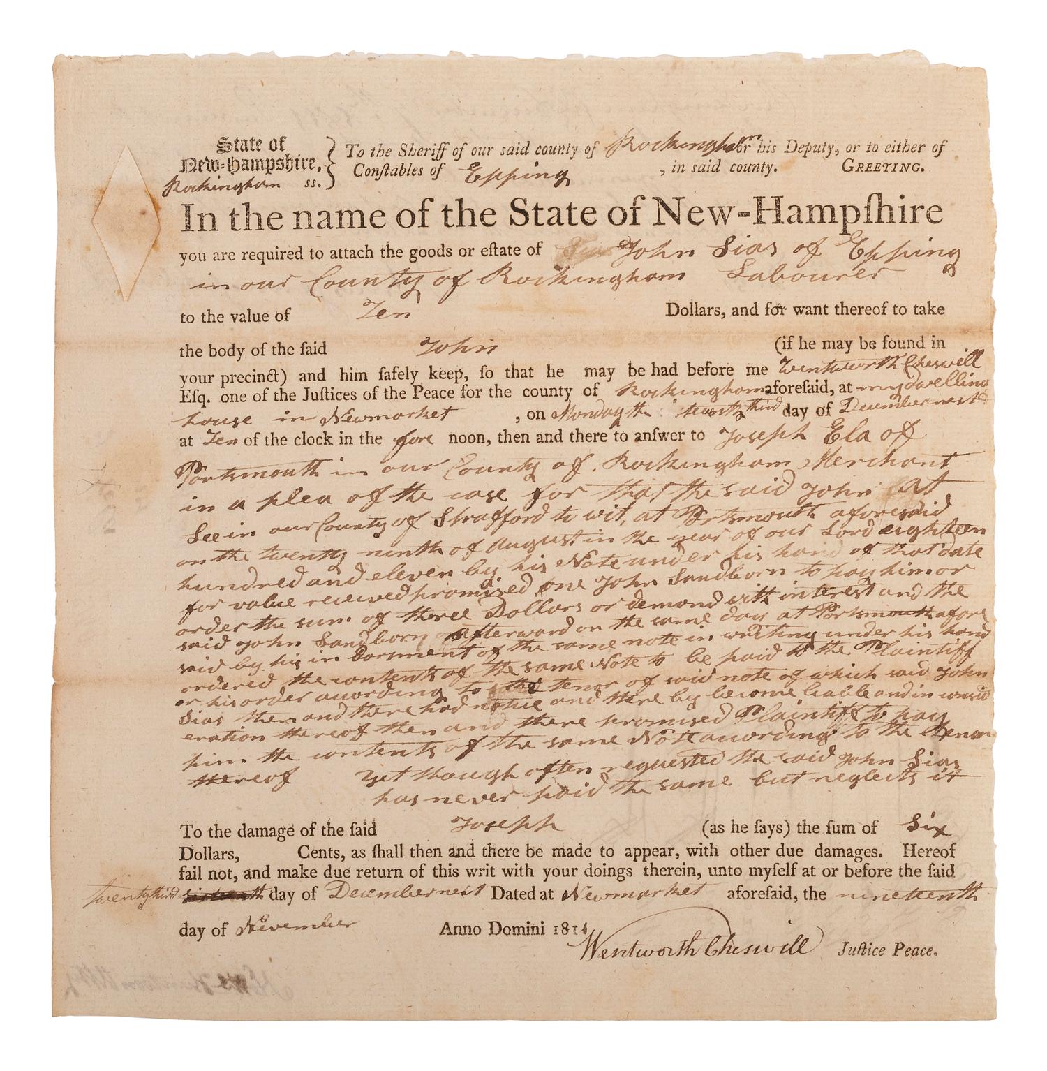 CHESWELL, Wentworth (1746-1817). Document signed by the nation's first Black elected official.