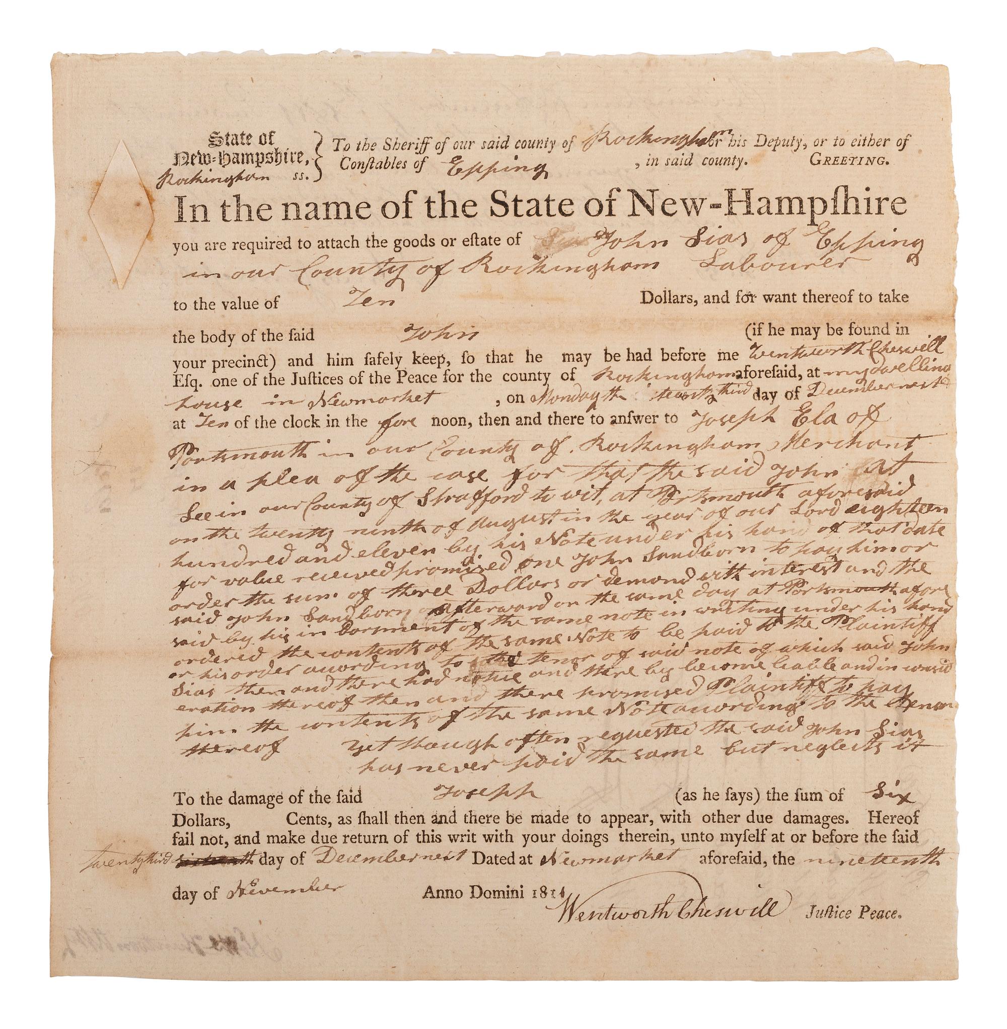CHESWELL, Wentworth (1746-1817). Document signed by the nation's first Black elected official.