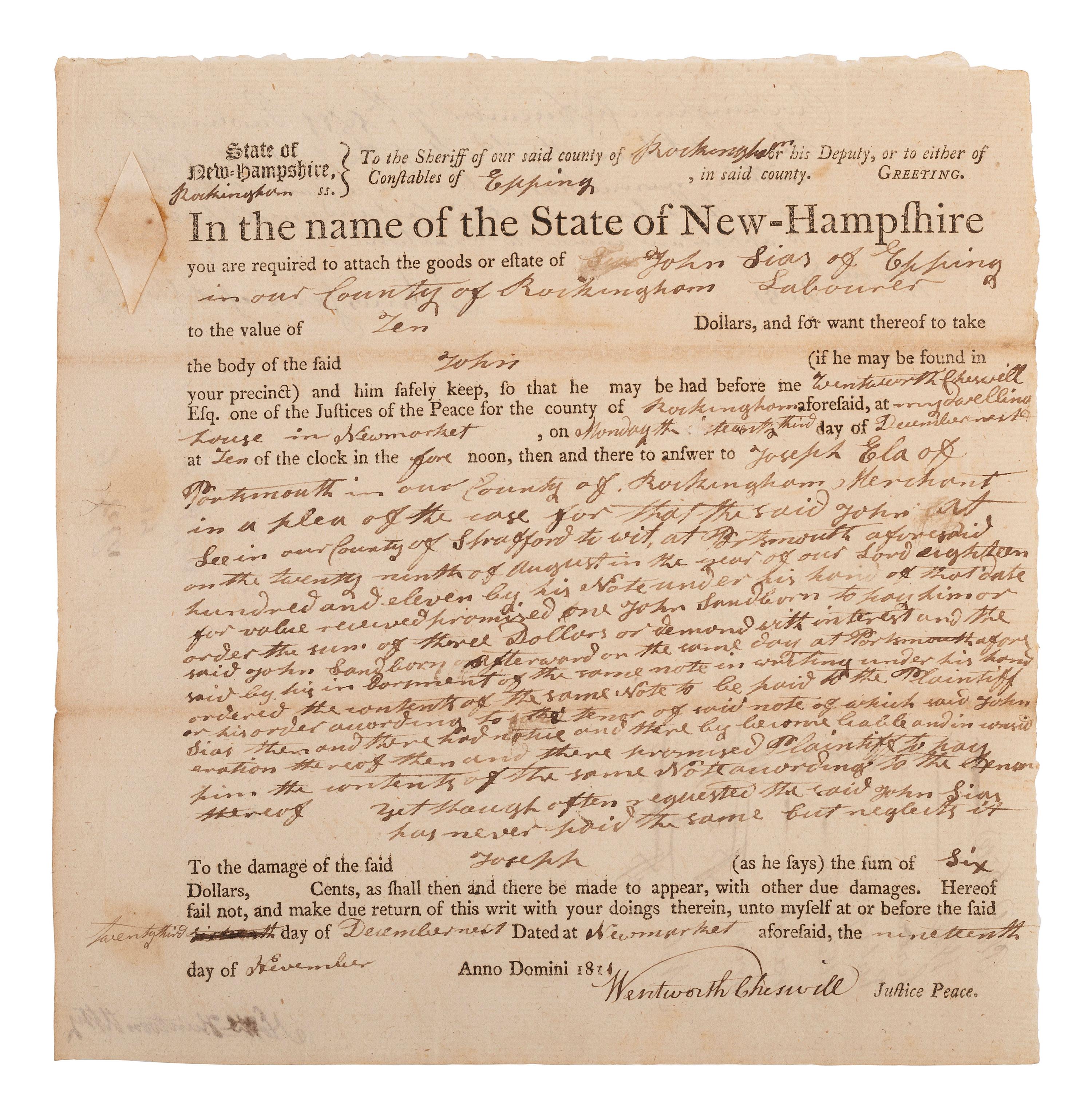 CHESWELL, Wentworth (1746-1817). Document signed by the nation's first Black elected official.