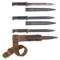 Lot of 3 WWII-era German M1884/98 Bayonets with Scabbards Including: Afrika Korps Belt, Frog, and Officer's Belt Buckle